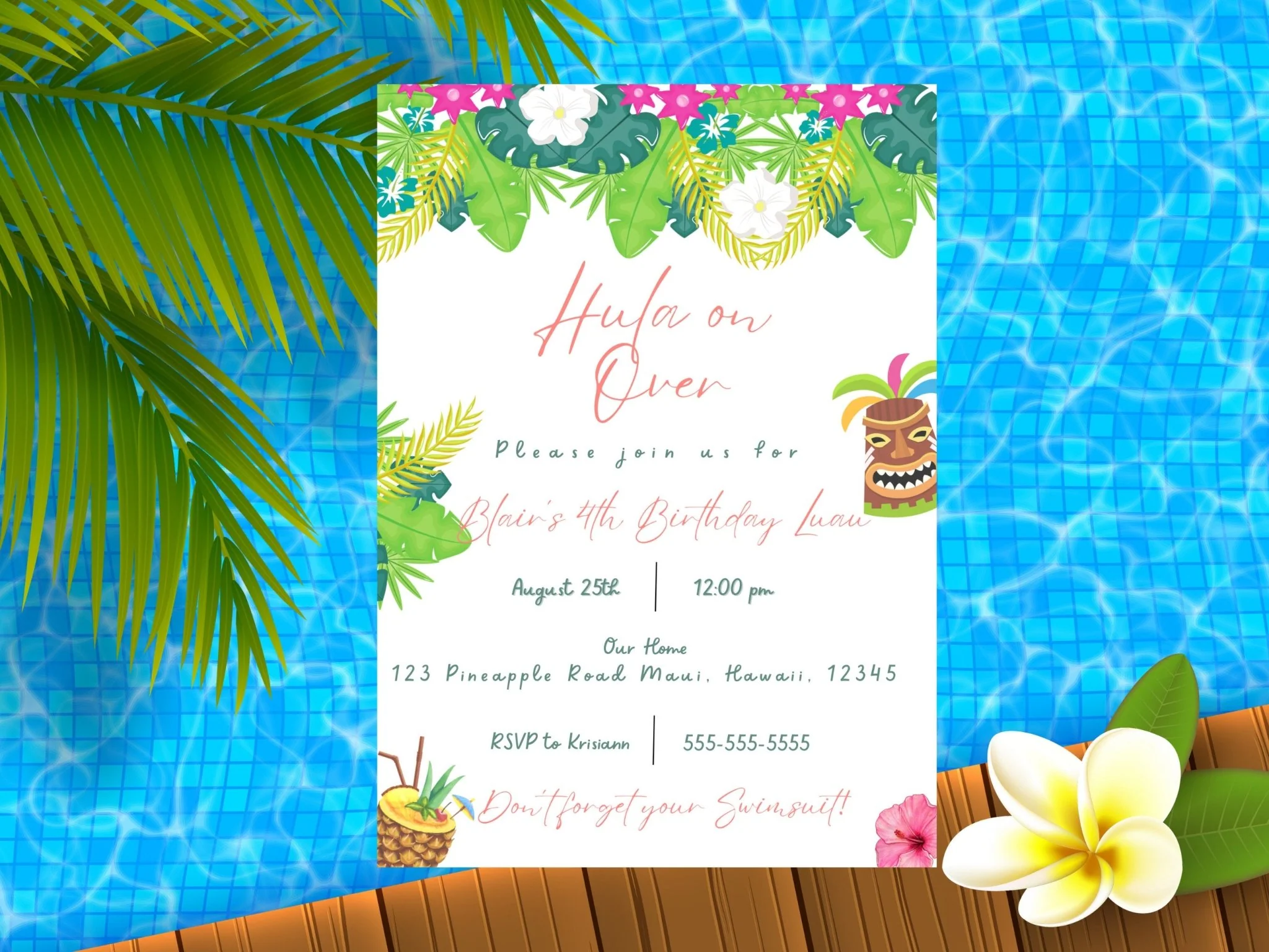 Luau Themed Birthday Invitation, Summer Birthday Invitation, Beach Party, Luau Invitation, Children��s birthday invitation, Pool Party