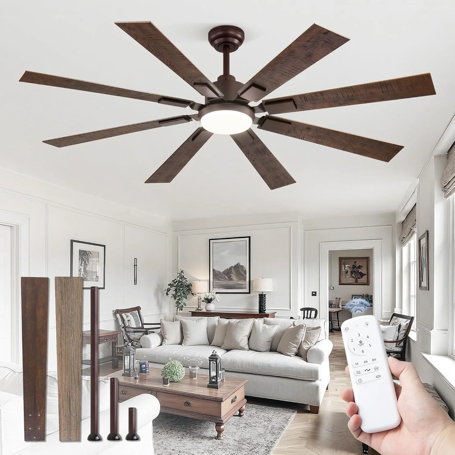 ZMISHIBO 72 inch Large Ceiling Fans with Lights and Remote. Indoor/Outdoor Black Modern Ceiling Fan for Kitchen Living Room Patio. 6 Speed Reversible Quiet DC Motor. 3 CCT. Dual Finish 8 Blades