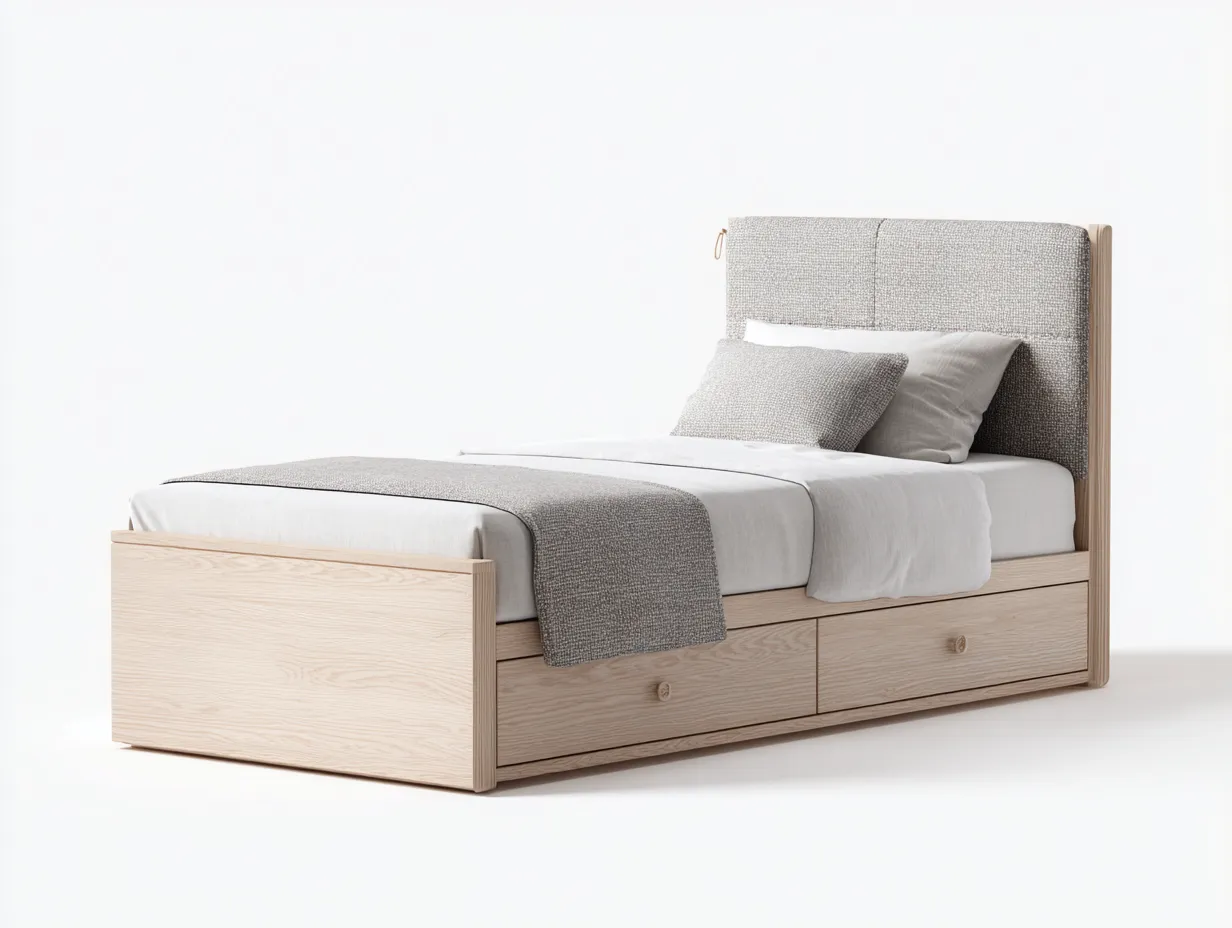 Einzelbett-Holz-Stoff-212x104x110 cm-Naturholz-Beige-Modernes Design