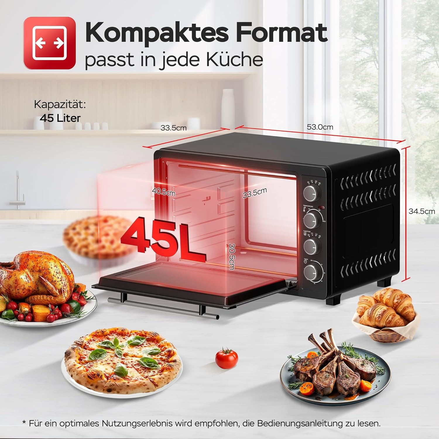 TurboTronic Minibackofen mit Umluft 45L schwarz 2000W, Drehspieß, Timer, Mini Backofen, Pizzaofen, 2 Backbleche, Grill