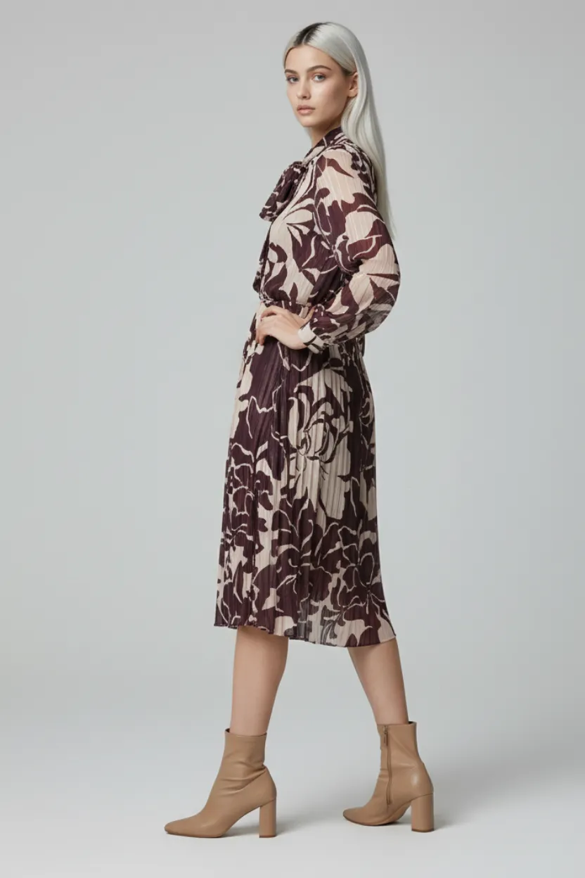Brown-Colored Floral Midi Dress with Waist Belt
