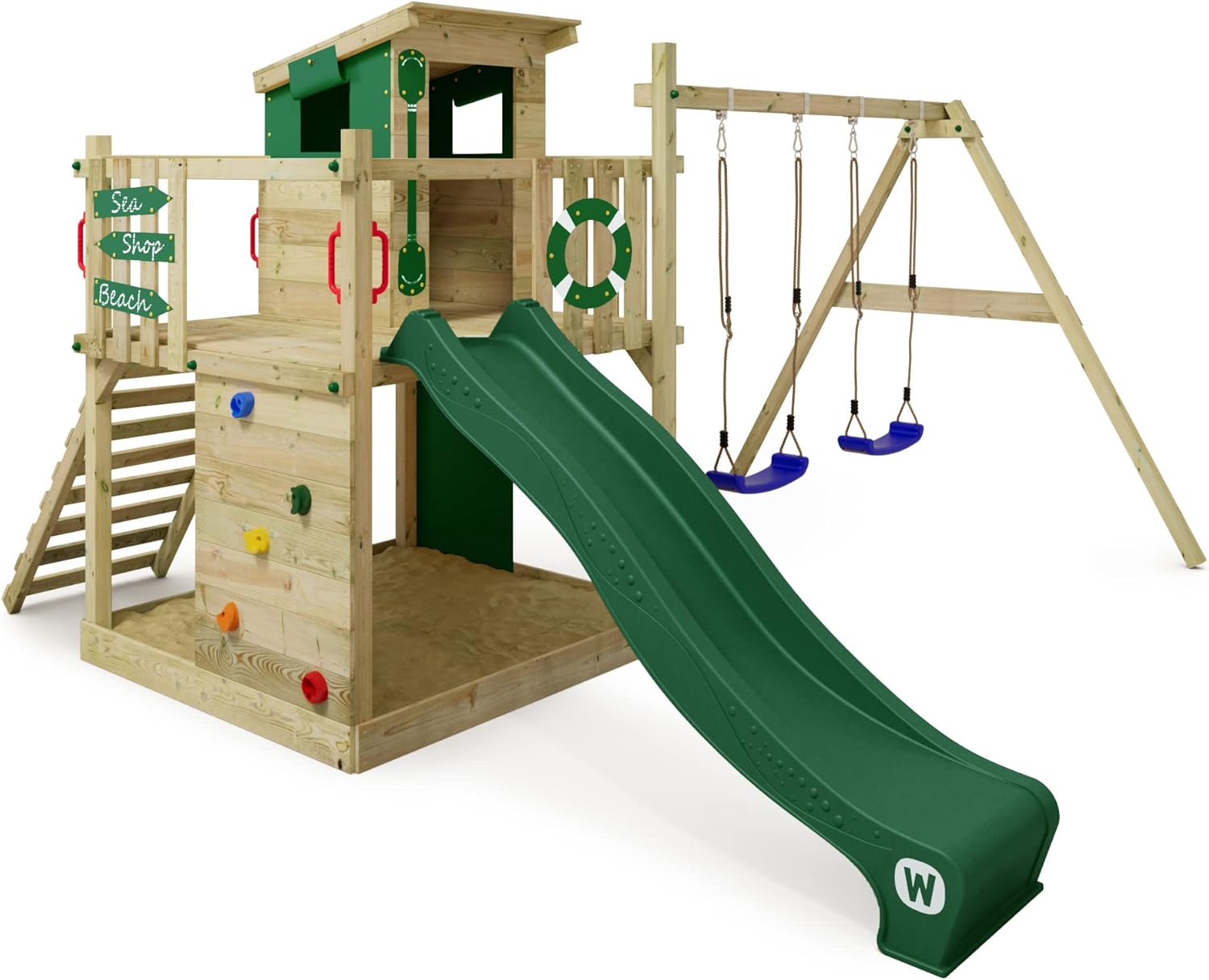 WICKEY Spielturm Klettergerüst Smart Camp mit Schaukel & grüner Rutsche, Outdoor Kinder Kletterturm mit Sandkasten, Leiter & Spiel-Zubehör für den Garten