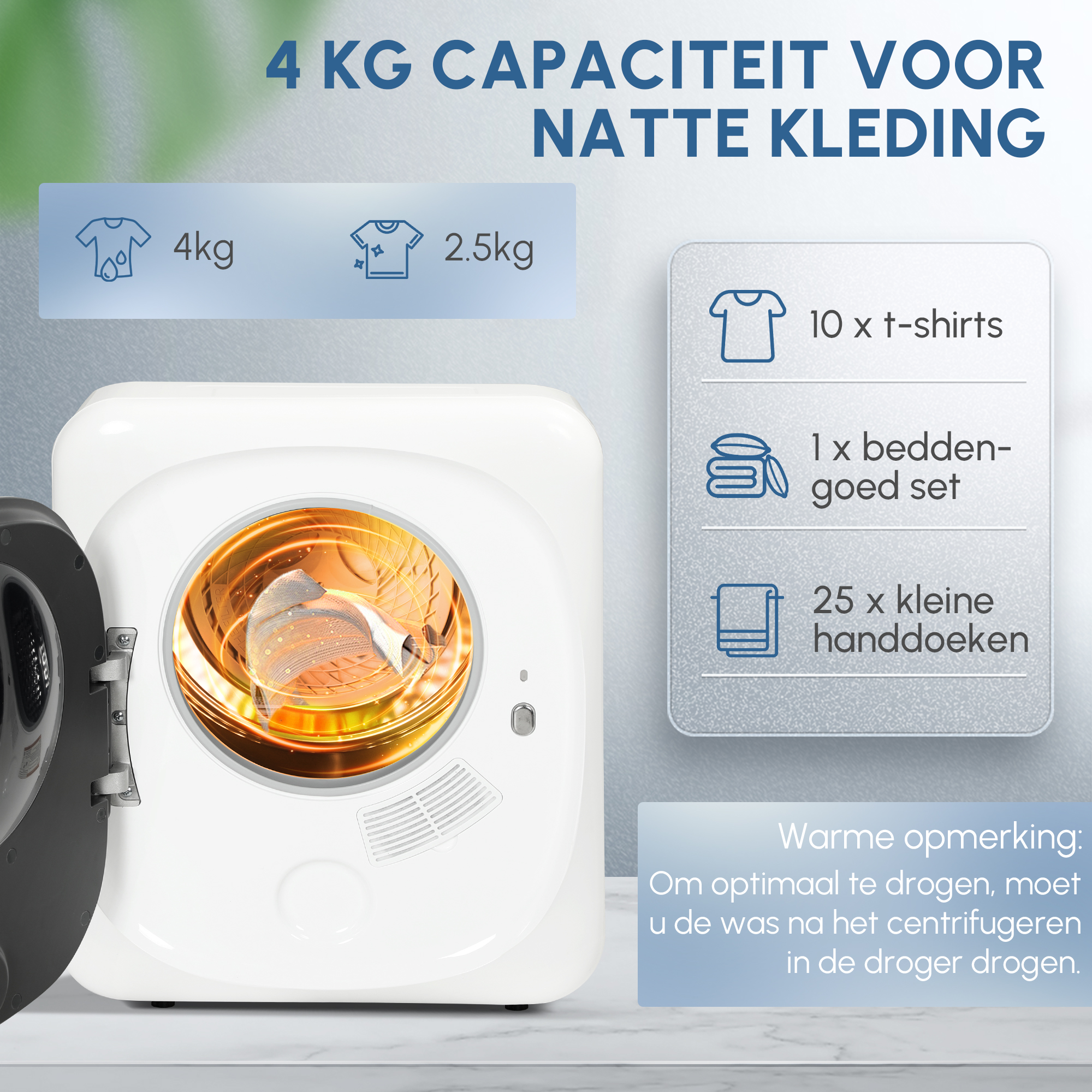 Wasdroger met UV-Desinfectie, Compact Ontwerp, 4 kg Capaciteit, Roestvrijstaal, Wit