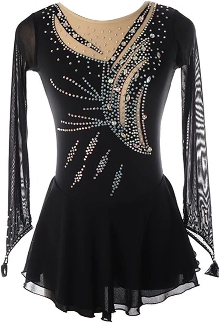 purpleq Eiskunstlauf Kleid Damen Eislaufen Rollschuh Kleid Langarm Mesh Glitzer Ballettkleid Tanzkleid Bekleidung Gymnastik Leotard Turnanzug Tanzkostüm Ballettkleid Eisllaufkleid