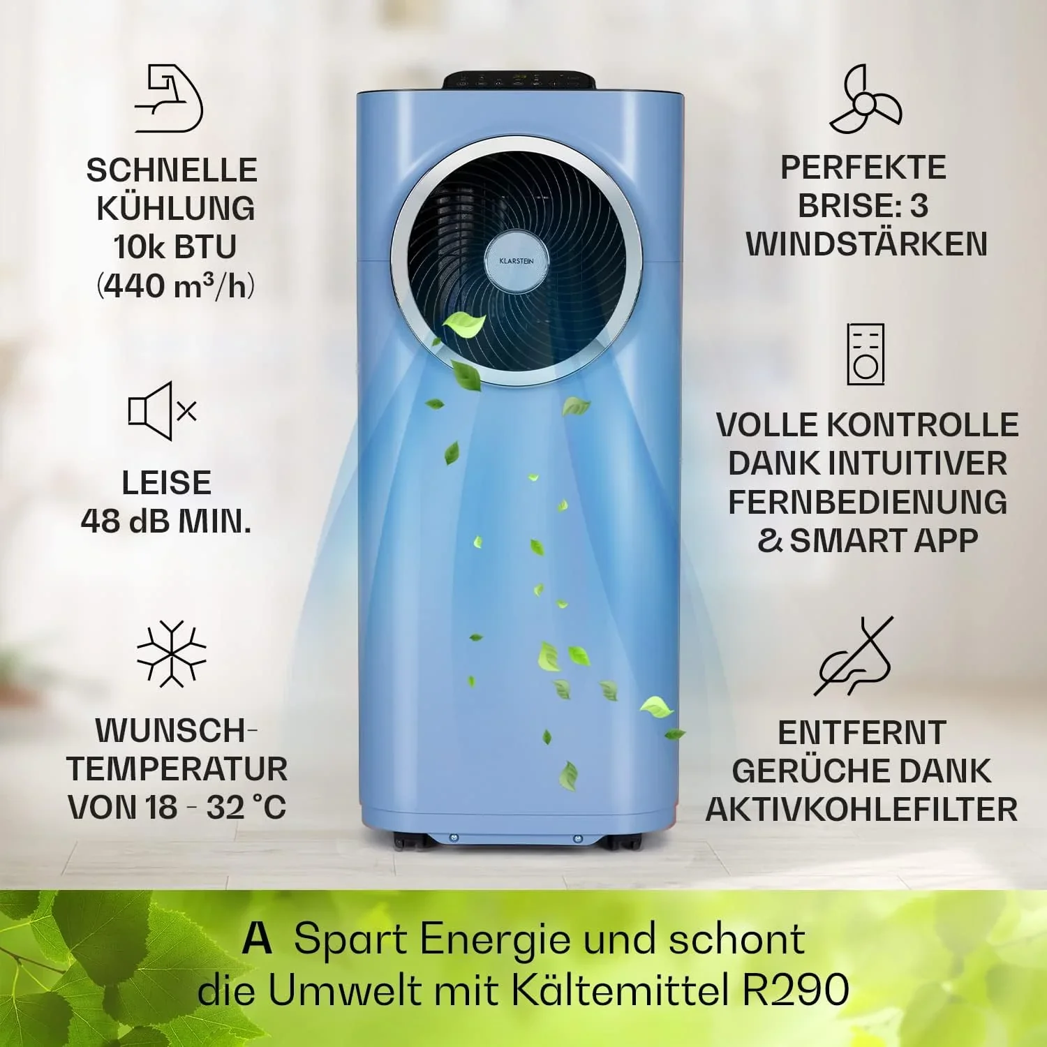 Klarstein Mobile Klimaanlage mit Abluftschlauch, 5-in-1 Klimager?t, Ventilator, Luftentfeuchter, Luftreiniger & Nachtmodus, App-Steuerung, Kleine & Portable, f��r Wohnung & B��ro, 12000 BTU