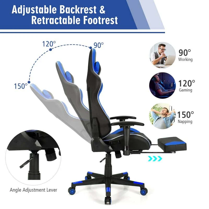 Led Massage Gaming Chair Height Adjustable Racing Computer Office Chair With Footrest Ergonomic High Back Pu Swivel Game Chair - Comfortable And Ergonomic Design