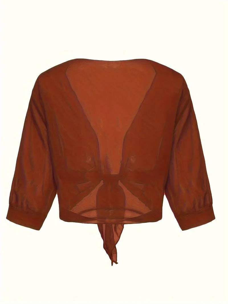 Transparente Damen-Bluse mit Bindeknoten und 3/4-?rmeln