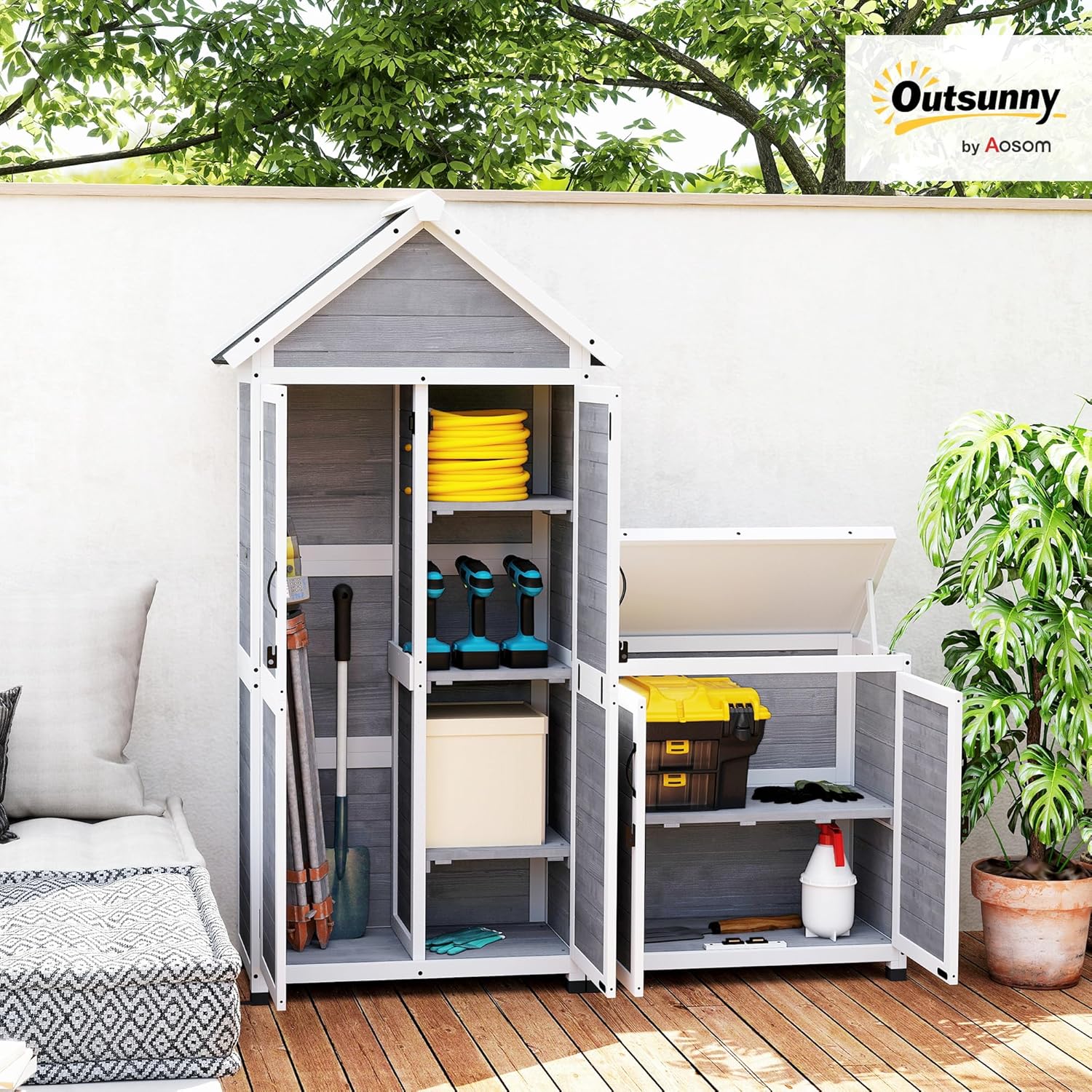 Outsunny 2 in 1 Gartenschrank Holz, Geräteschrank mit Satteldach Aufbewahrungsschrank Ablage 89x51x182cm, Gerätehaus mit Abschließbar Tür wetterfest Geräteschuppen für Terrasse, Garten, Hellgrau
