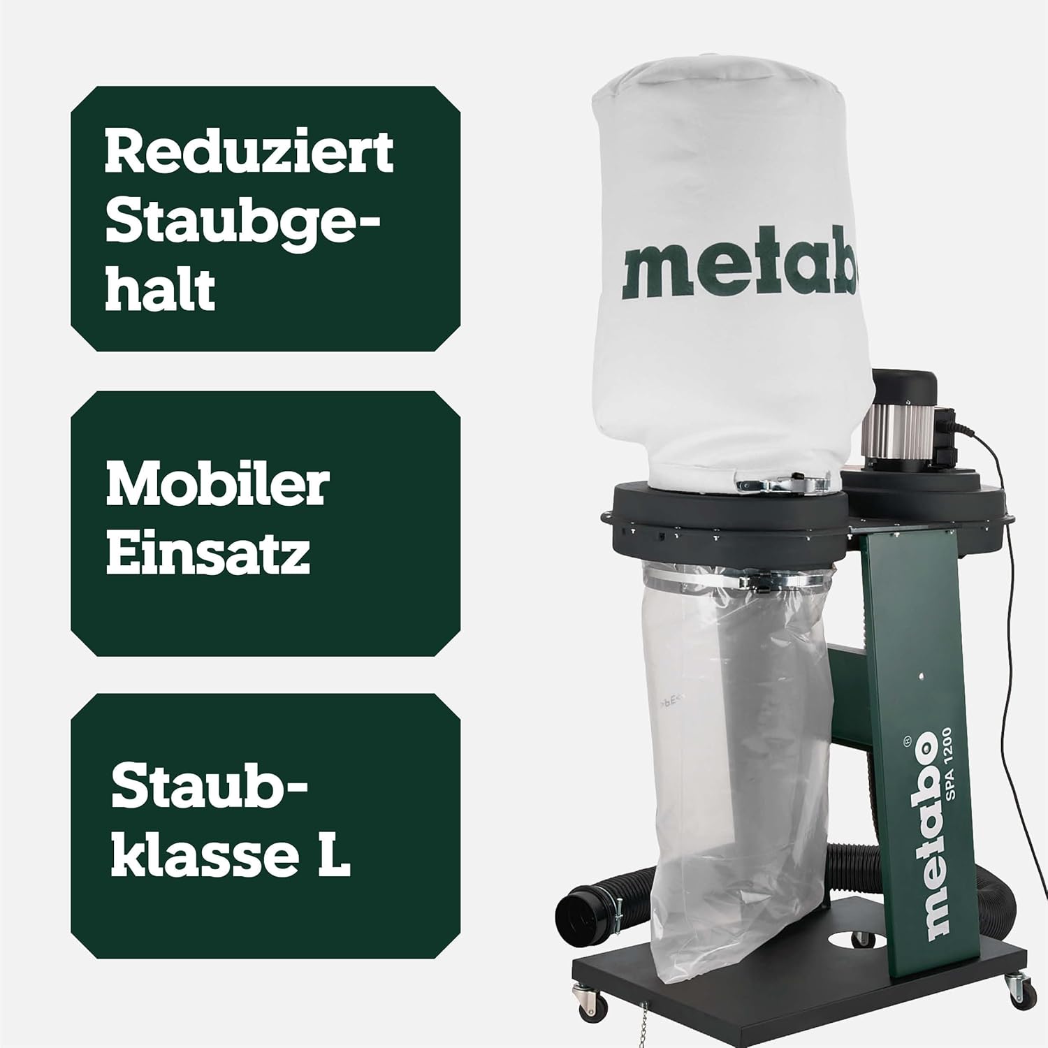 metabo Späneabsauganlage SPA 1200-550 W, 65 L Spänesack, 100 mm Schlauchanschluss - Staubklasse L, Kippsicher, Integrierte Erdung, Mobil auf Rollen - Ideal für Holzbearbeitungsmaschinen