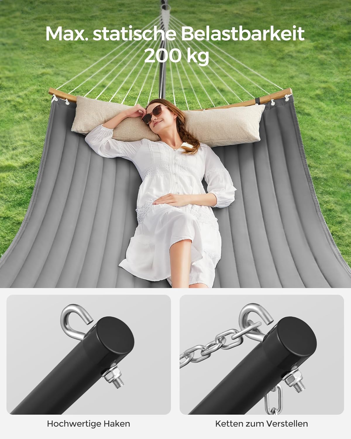 SONGMICS Hängematte mit Gestell, Hängemattengestell aus Metall, Doppelhaltestange, mit Kissen, bis 200 kg belastbar, Garten, schwarzes Gestell und graue Hängematte GHS002G01