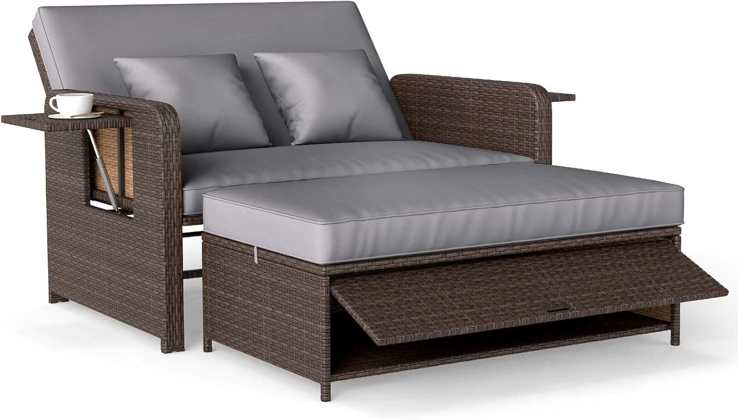 COSTWAY 3 in 1 Polyrattan Sonnenliege, Gartenliege mit Verstellbarer Rückenlehne & Seitenablagen, Loungebett, Doppelliege mit Kissen, Gartensofa mit Liegefunktion, Hocker & Stauraum (Grau)