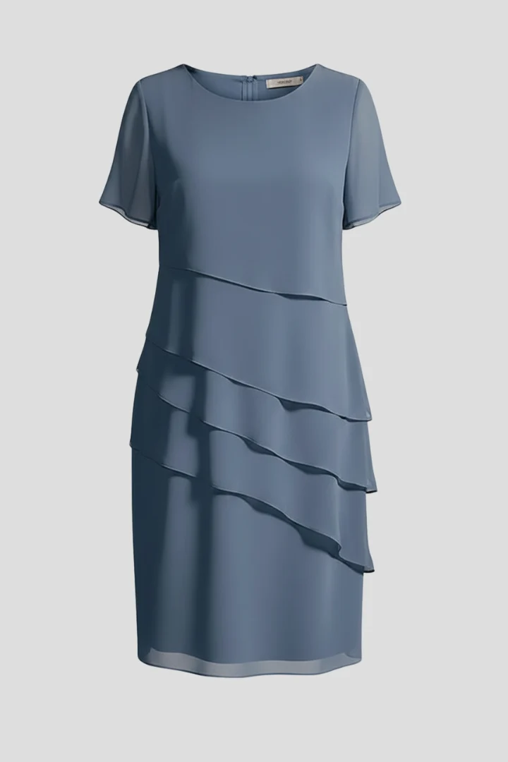 Damen Kurzarmkleid mit modischem Lagen-Look | Knielanges Kleid mit Rundhalsausschnitt und gerader Passform f��r den Alltag