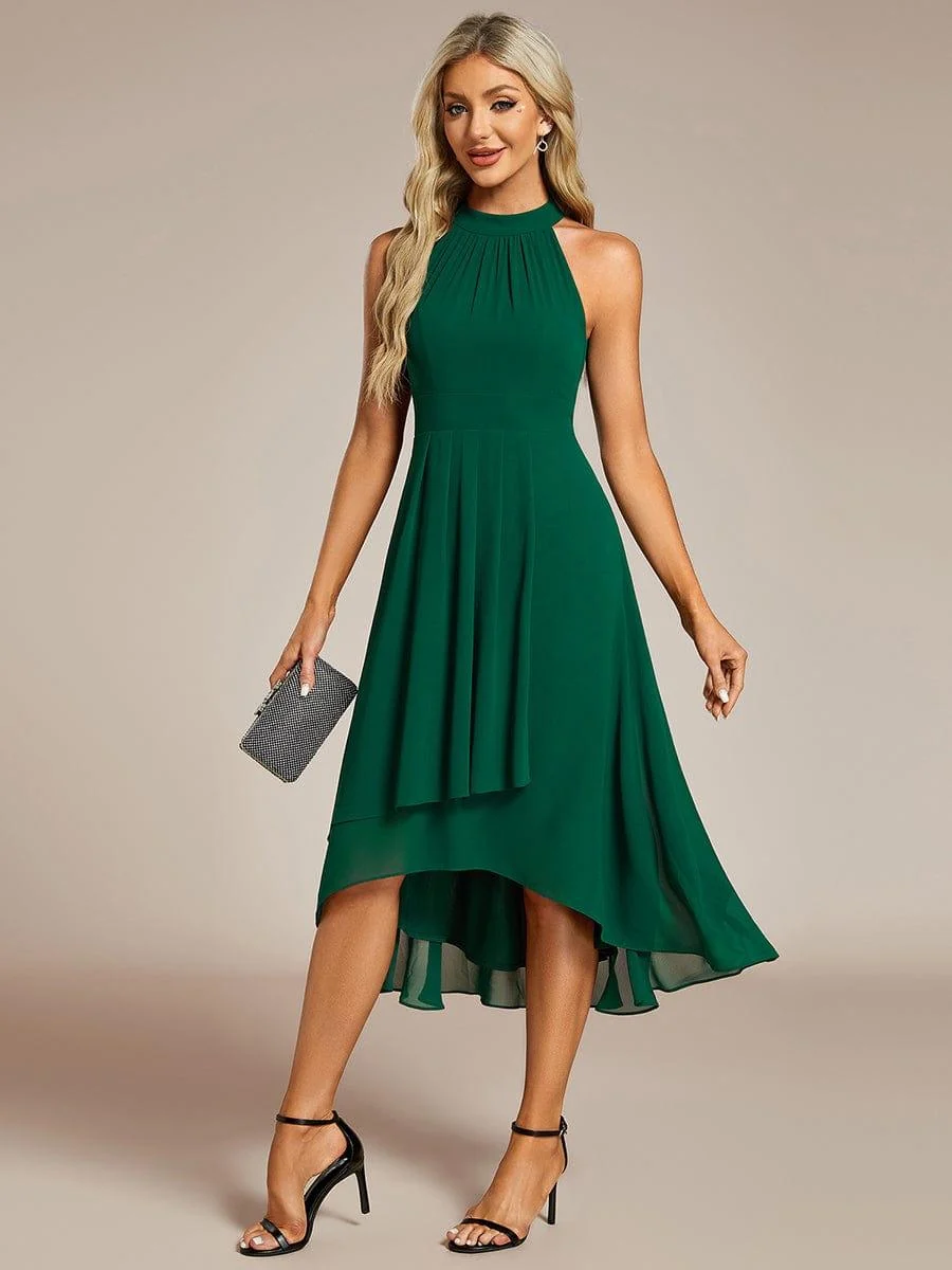 Damen Chiffon Midi-Kleid in A-Linie | Festliches Halterneck Kleid mit Plissee-Details | Sommerliches Kleid f��r Hochzeitsg?ste