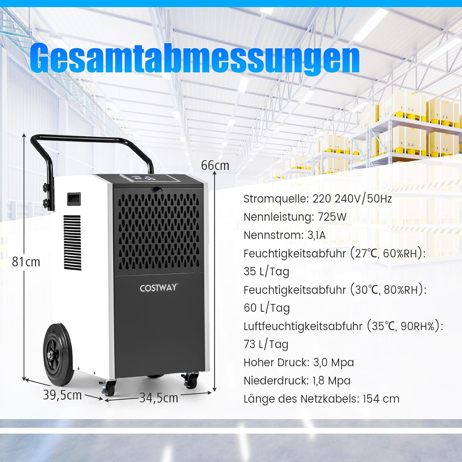 COSTWAY 73 L/Tag kommerzieller Luftentfeuchter, industrieller Bautrockner mit Ablaufschlauch & 24H Timer, tragbarer Entfeuchtungsgerät mit Rollen für Keller, Lager, Baustelle bis zu 695m³ (Weiß)