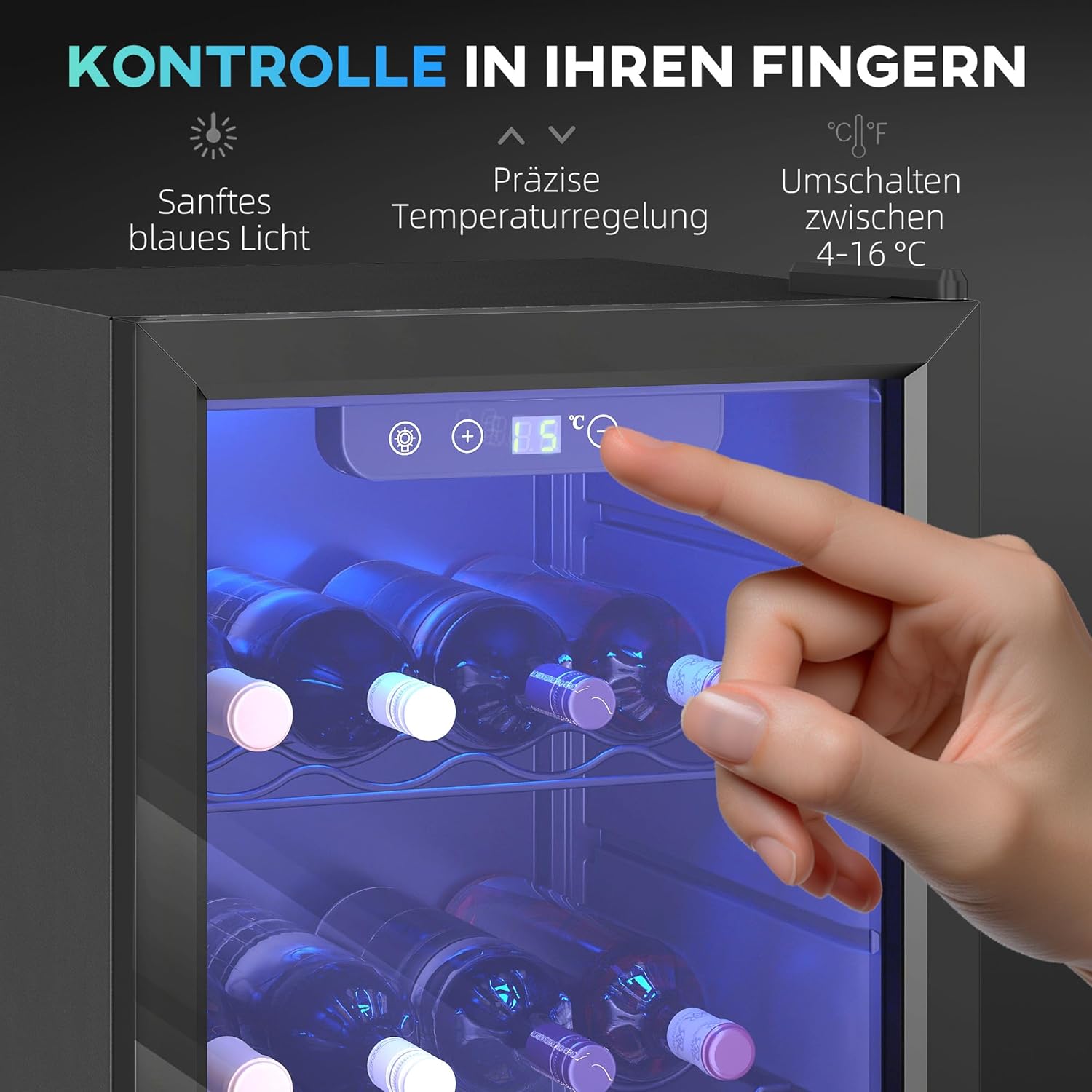 HOMCOM Weinkühlschrank 24 Flaschen, 68 Liter Weinschrank Klein, Getränkekühlschrank Flaschenkühlschrank mit Doppelglas-Tür, 4-16°C, LED-Beleuchtung, Digitalem Touchscreen, Wine Fridge, Schwarz