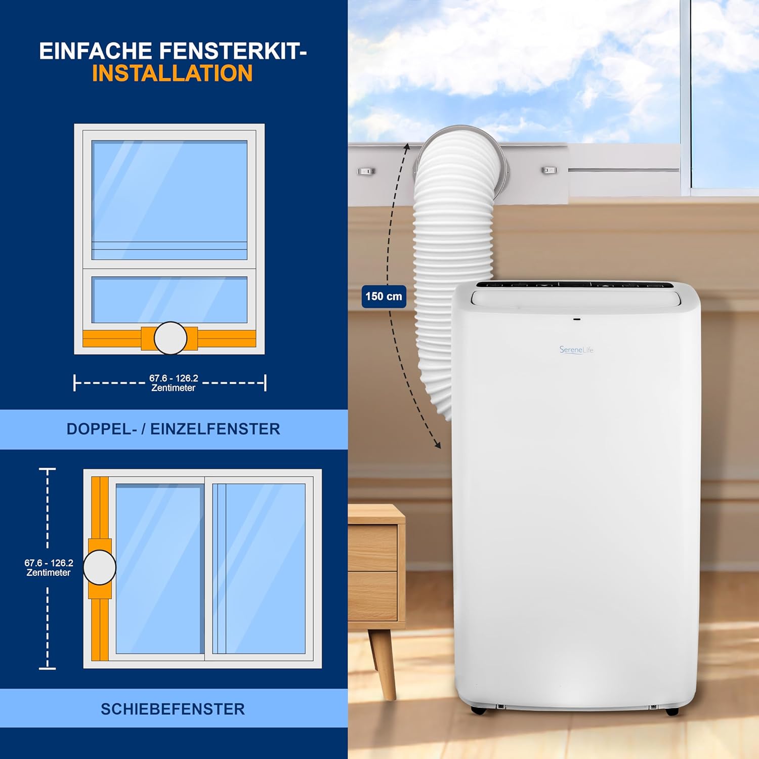 SereneLife Mini Klimaanlage mobil, 3-in-1 mobiles Klimagerät mit Abluftschlauch – Luftkühler, Luftentfeuchter & Ventilator, Air conditioner – 9.000 BTU, 1,5L Feuchtigkeit/Stunde, kühlt Räume bis 42 m2