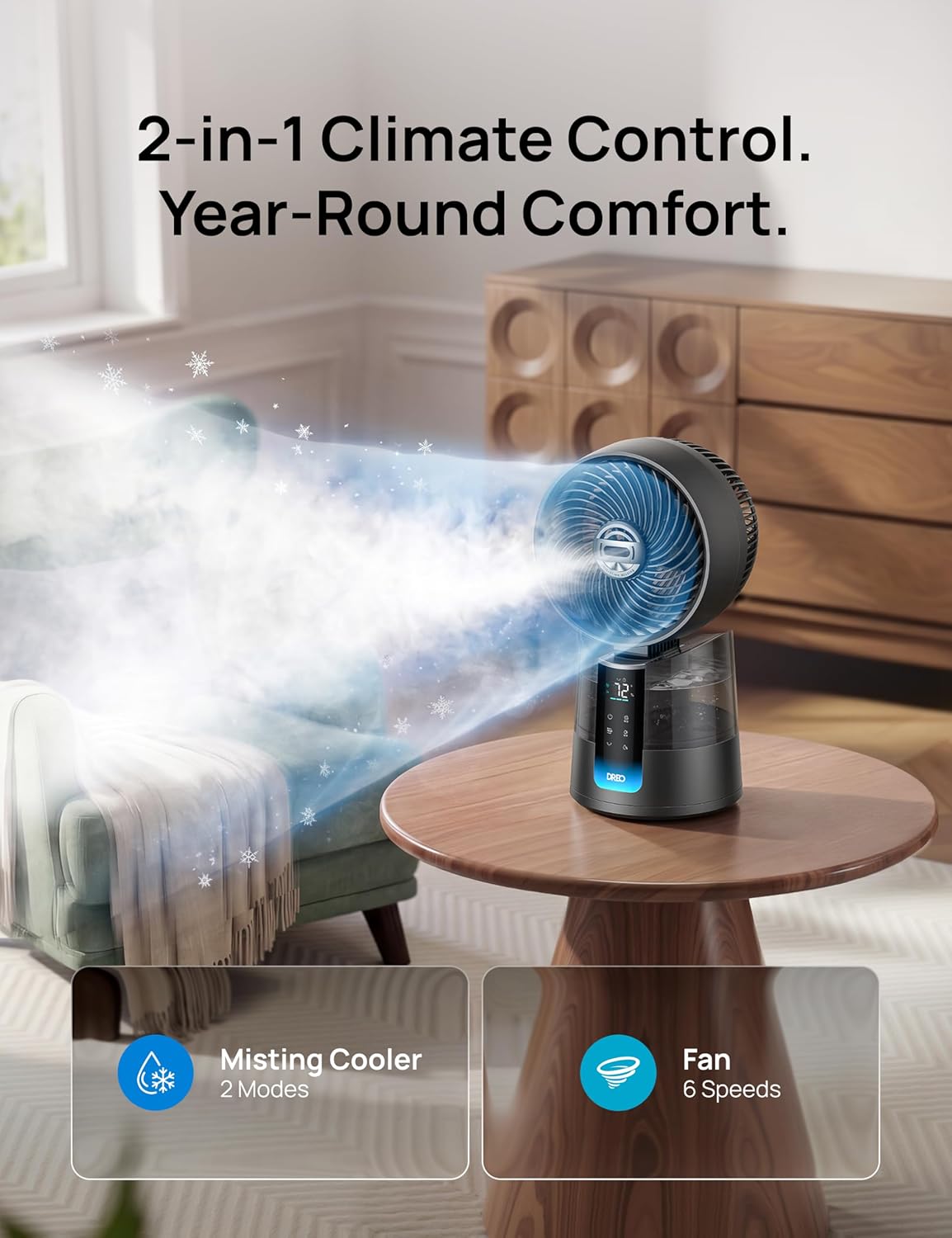 DREO TurboCool Ventilateur brumisateur 516, omnidirectionnel 150° + 30°, ventilateur de refroidissement oscillant qui souffle de l'air froid, vent de 7,9 m/s, brume ultrafine, 20 dB, réservoir de 1,3