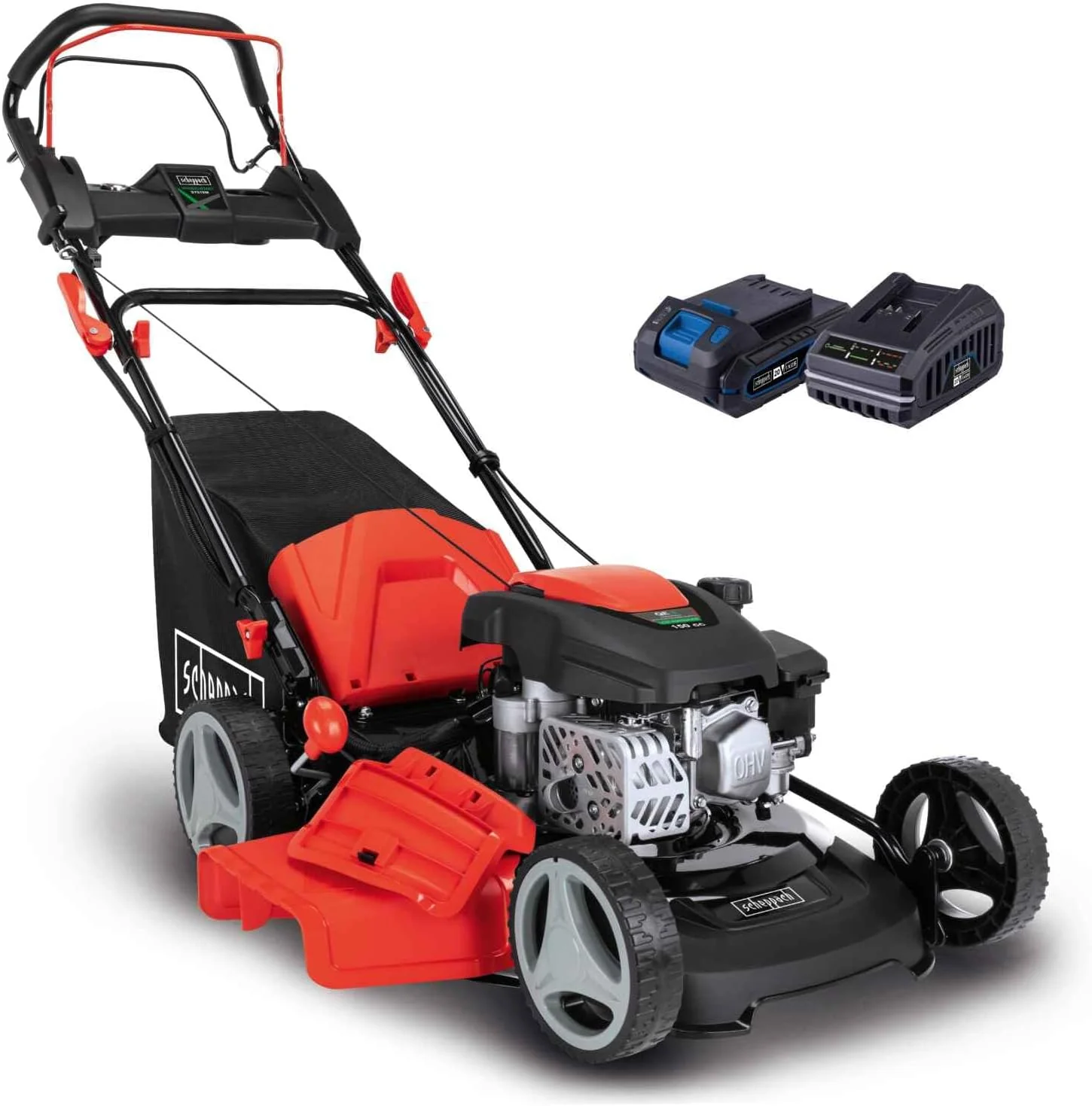 Scheppach MS150-46E Benzine Grasmaaier met E-Start | 46cm maaibreedte | Reinigingsfunctie | 55 liter opvangbak | Stalen behuizing | 7-traps hoogteverstelling | Mulchfunctie | Wiel aandrijving | Zij-uitworp