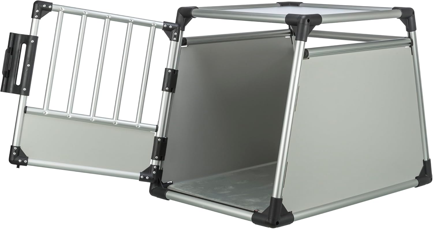 TRIXIE Hunde-Transportbox, Aluminium, L: 92 x 64 x 78 cm, grafit, rutschfste Liegematte, Klettleiste am Boden, Sicherheitsverschluss, stabil und geruscharm, hochgeschlossene Wnde - 39338