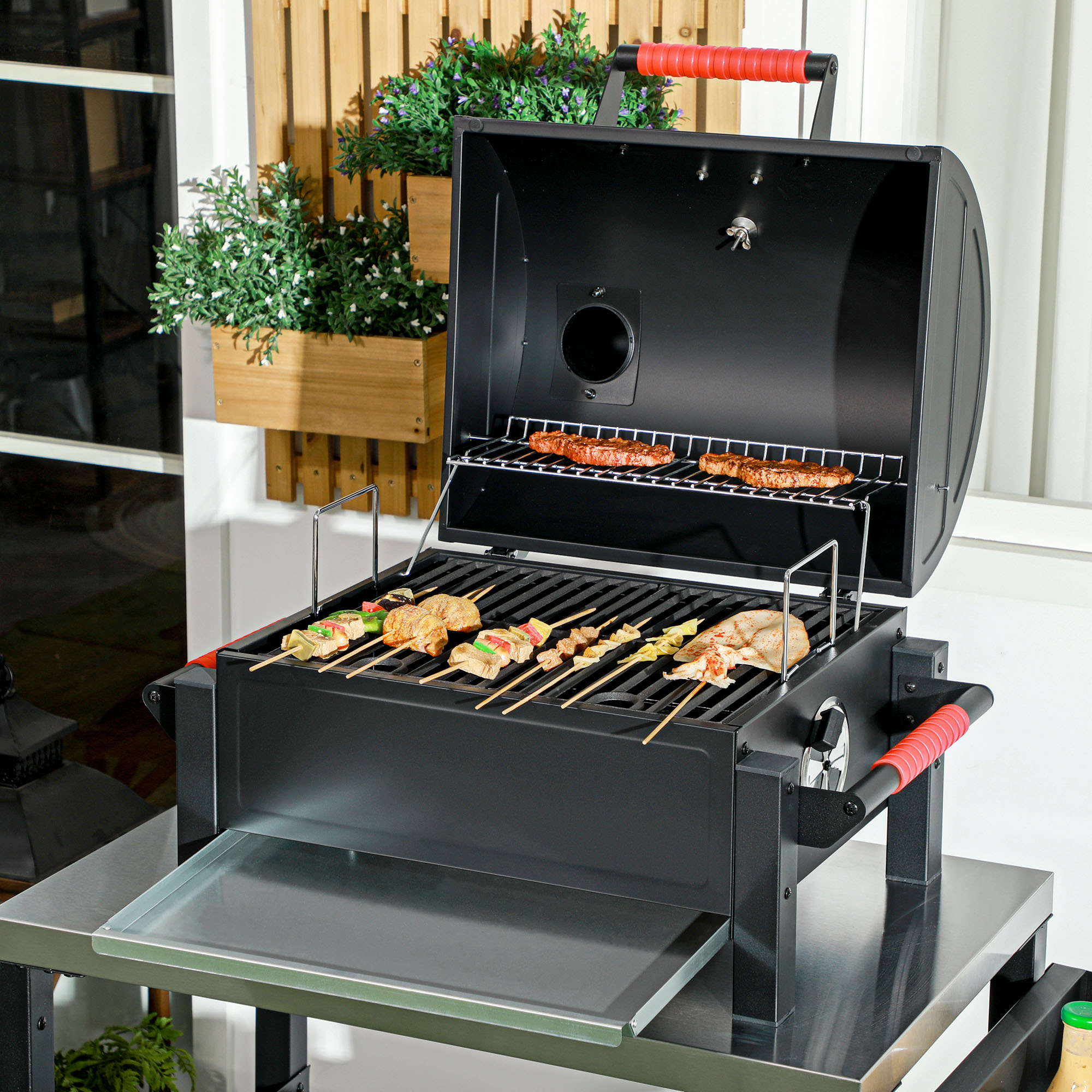 Outsunny Houtskoolgrill met Deksel, Warmhoudrooster, Aslade, Thermometer, Roestvrij, 68,5x50x54cm, Zwart/Rood