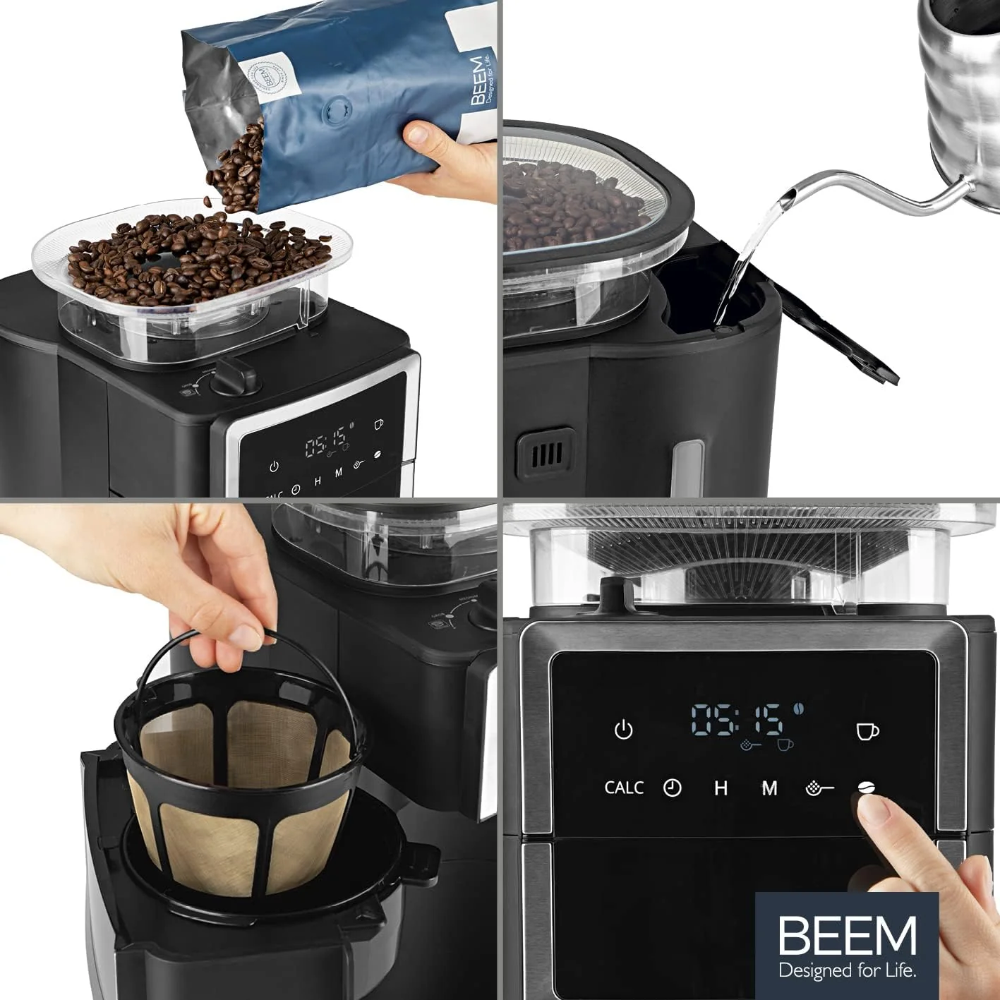 BEEM FRESH-AROMA-PERFECT III Filterkoffiezetapparaat met maalwerk - Duo | Met thermos- & glazen kan | Aroma-Plus-functie | 24-uurs timer | 1000 W | voor maximaal 10 kopjes [roestvrij staal]