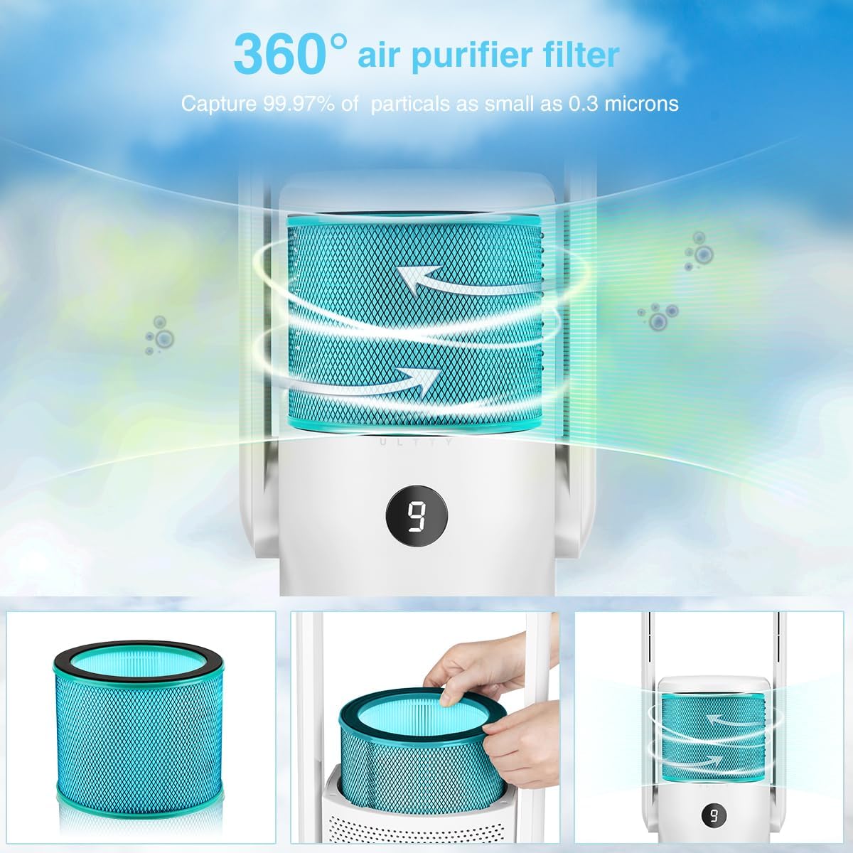 Rotorloser Ventilator mit Luftreiniger, Ultty Turmventilator Leise mit Fernbedienung, Touch, 8H Timer, HEPA-Filter 99,97%, 80cm 90° Oszillation Bladeless Fan für Schlafzimmer Heim, CR022 Weiß