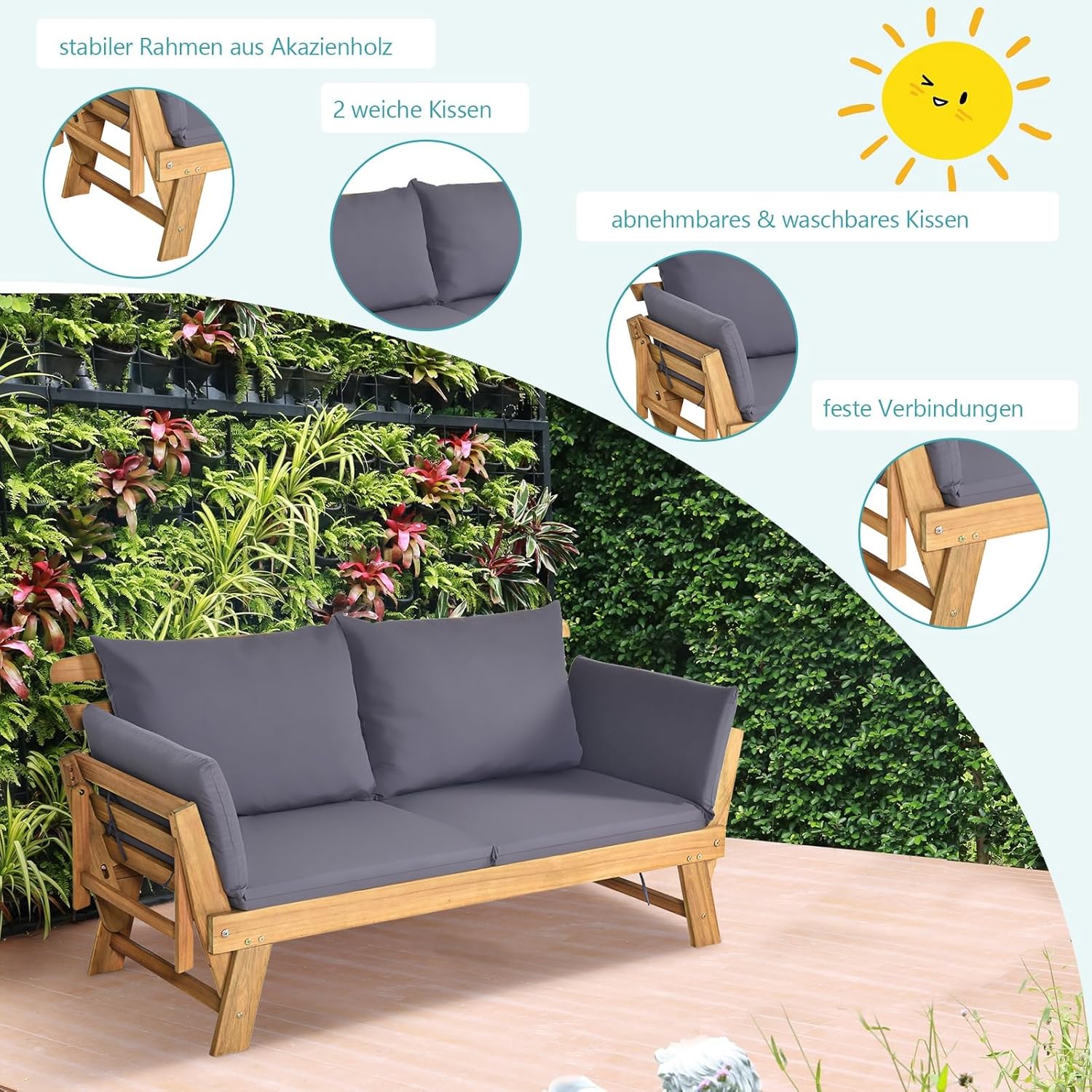 GIANTEX Gartenbank mit Liegefunktion, Gartensofa mit klappbaren Seitenlehnen, Balkonbank mit Auflagen, Sitzbank Outdoor aus Akazienholz, Loungesofa 3-Sitzer, Liegesofa für Balkon Garten Terrasse | 3-in-1-Design