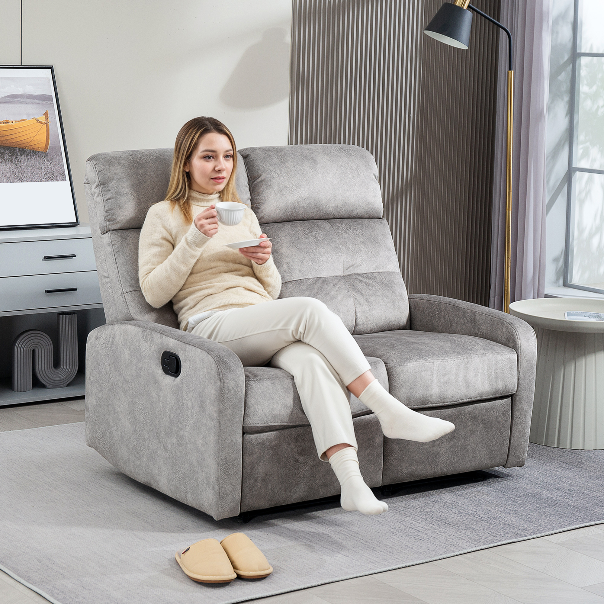 Dubbelzit-Stoel, Relaxstoel met Verstelbare Dubbele Rugleuning en Voetensteun, voor Woonkamer, Stoffen Bekleding, Grijs