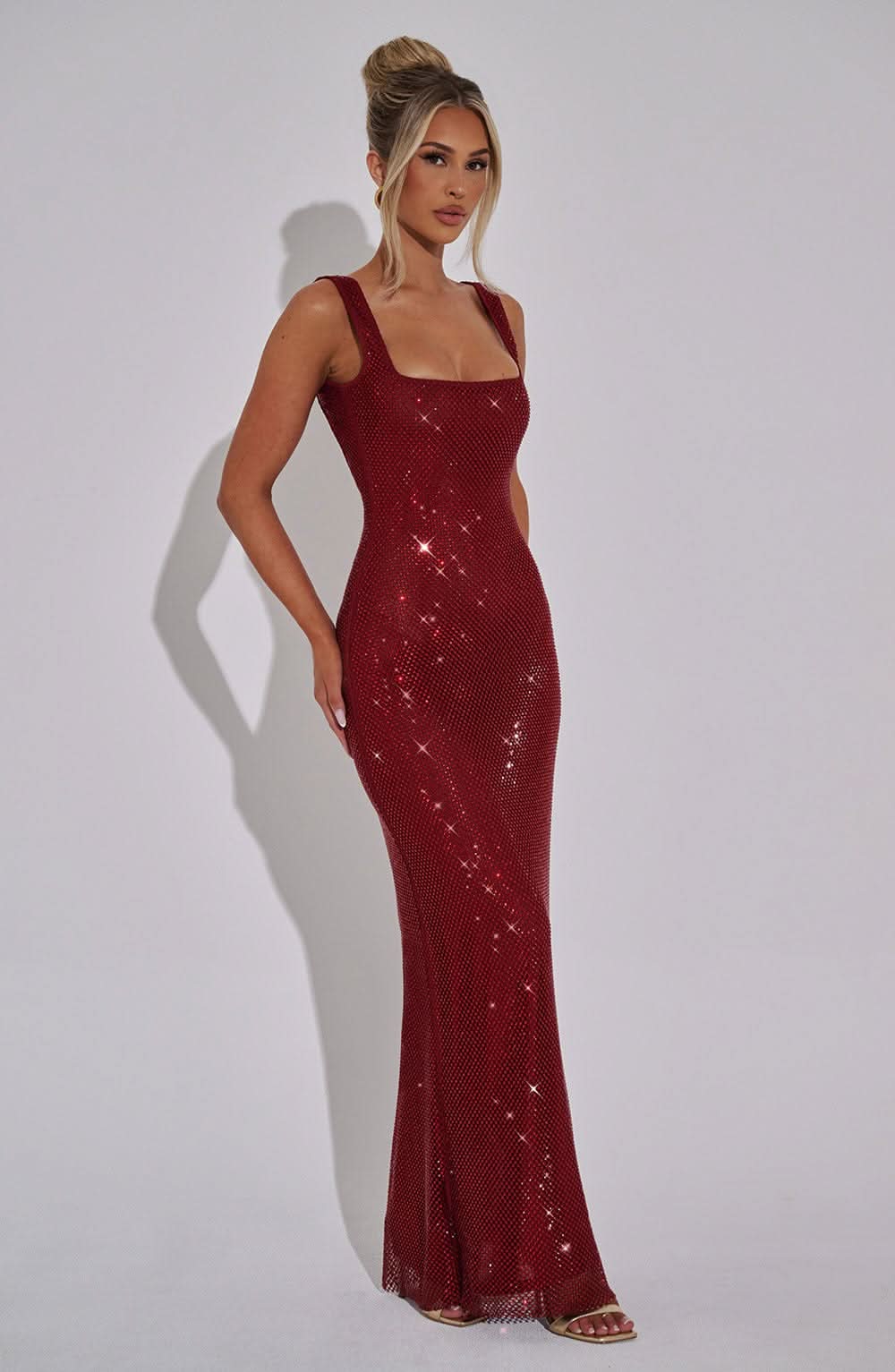 Damen Maxi-Abschlussballkleid mit Strass und eckigem Ausschnitt