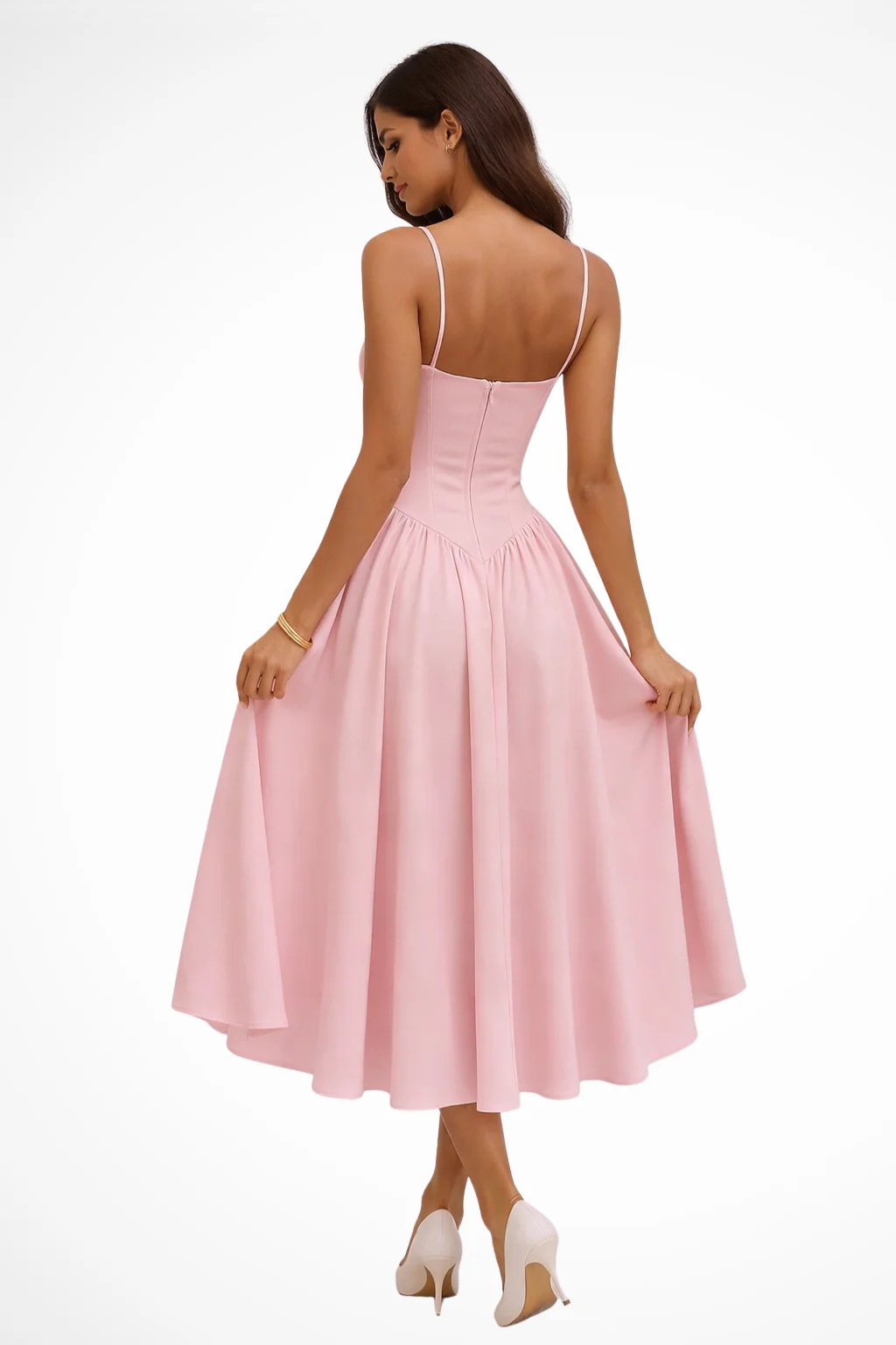 Damen Midi-Kleid mit Korsett-Oberteil | Festliches A-Linien Kleid f��r Hochzeitsg?ste | Schmale Tr?ger & ausgestellter Rock