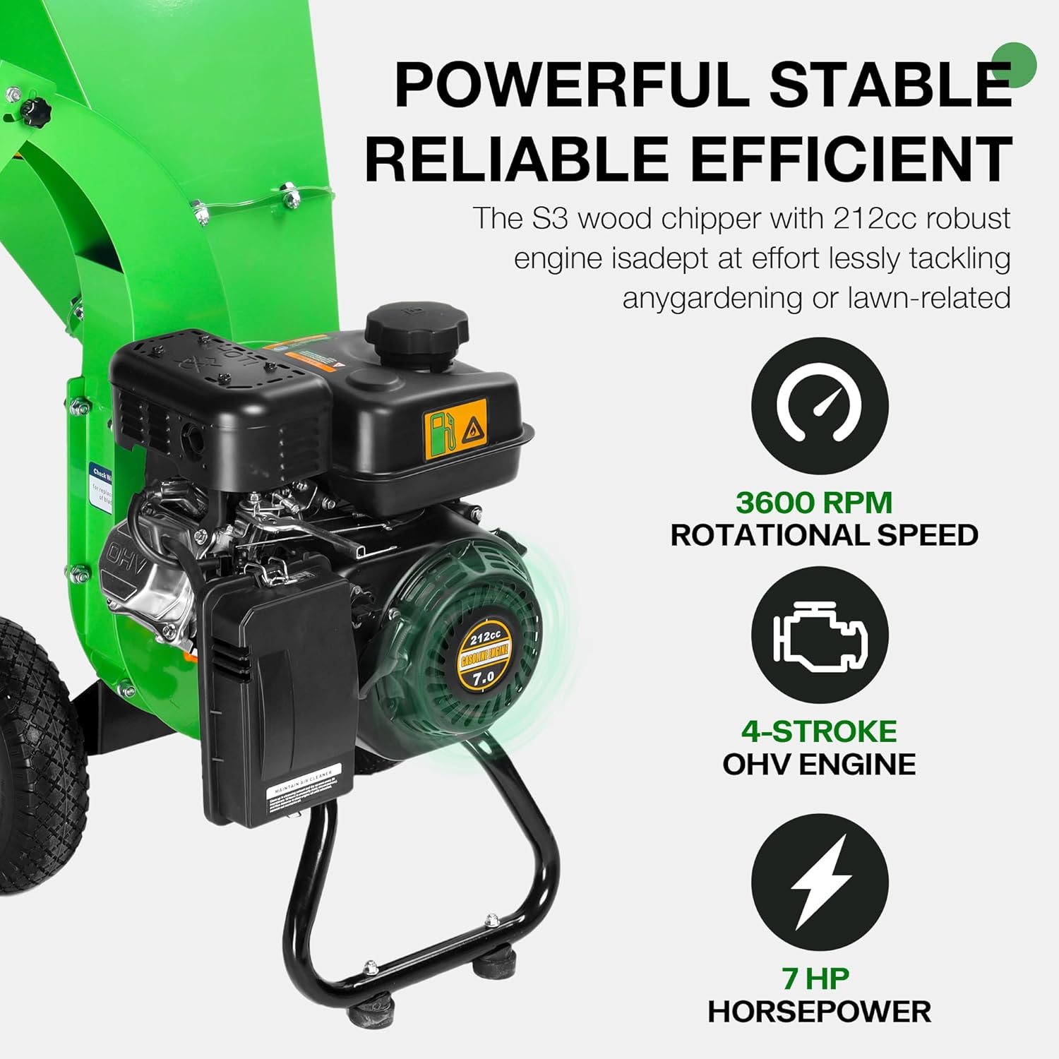 S3 Benzin Häcksler, 7 PS 212 CCM 4-Takt Benzinmotor, max. 76 mm Aststärke, Holz Häcksler Gartenhäcksler