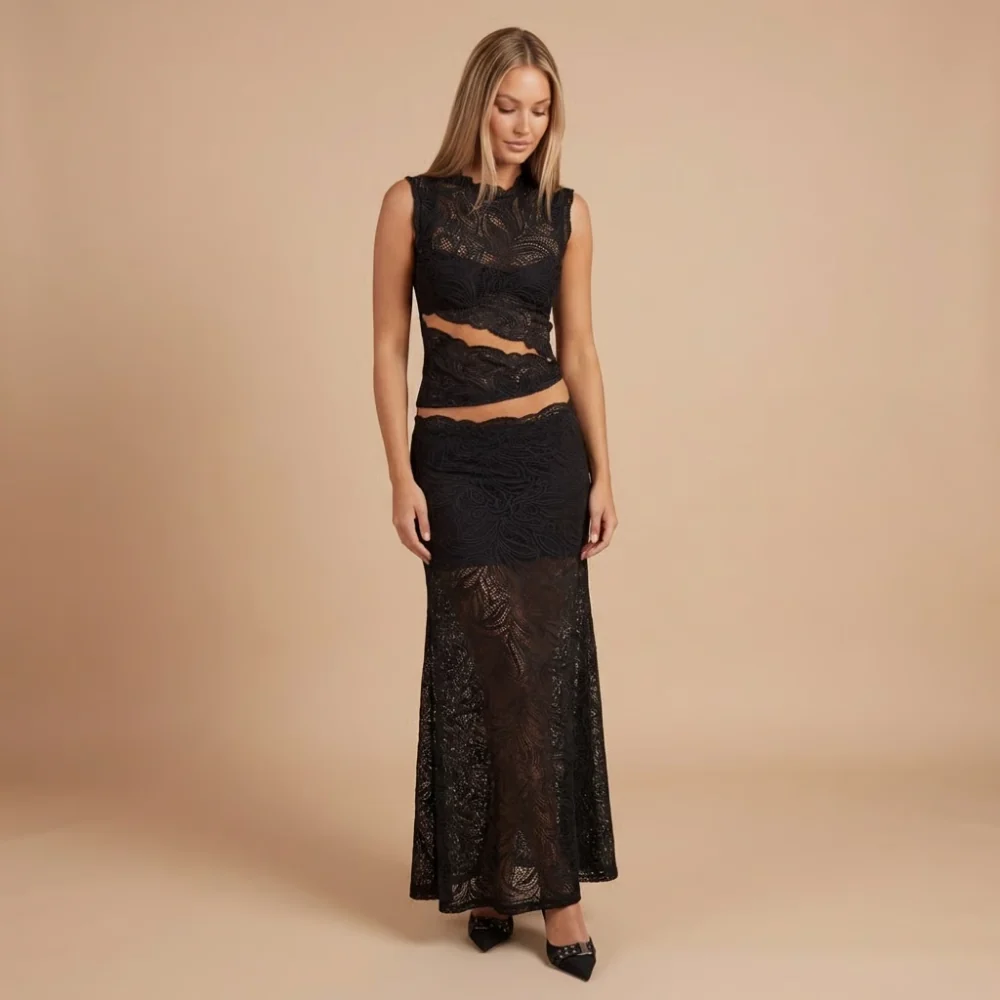 Damen Cocktail-Set aus Spitze mit Stehkragen und Maxirock