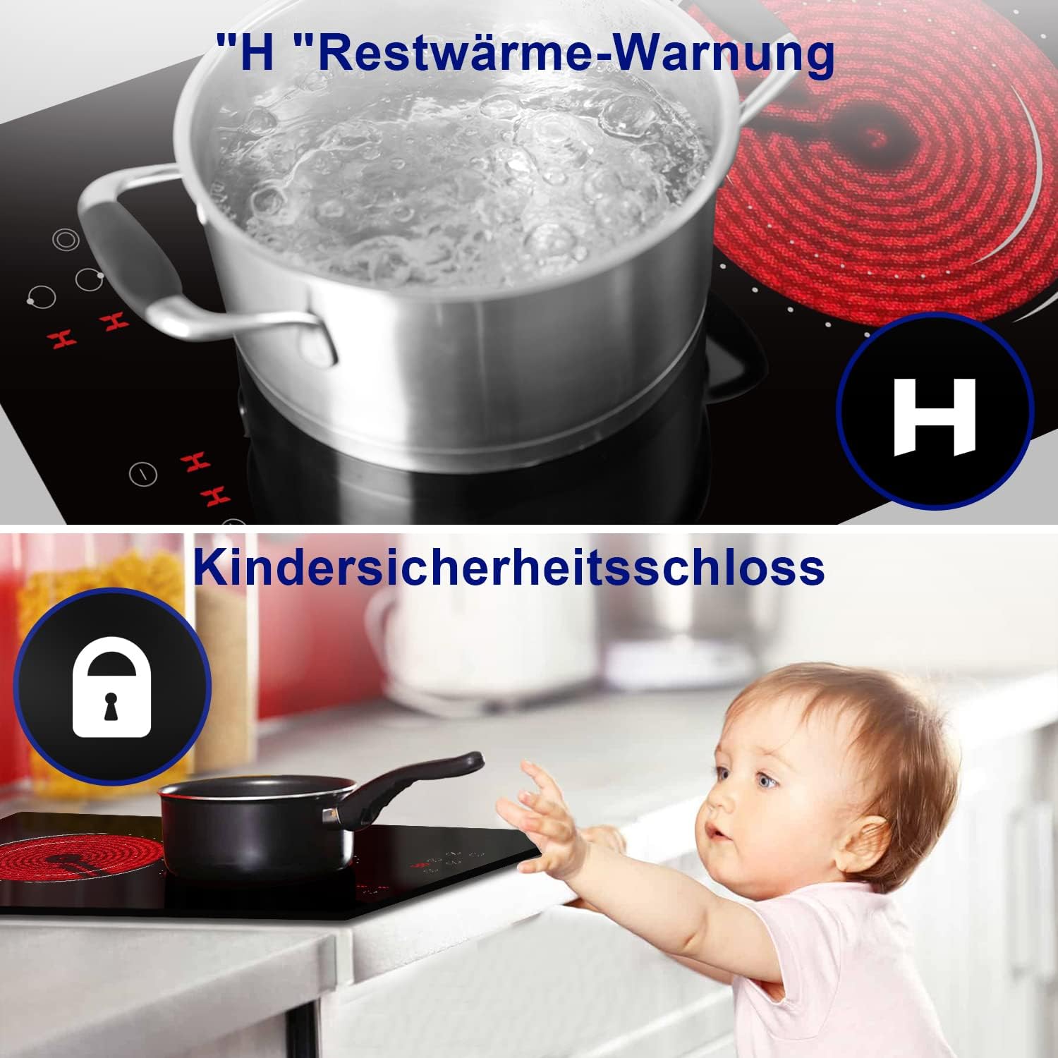 Glaskeramikkochfeld 4 Zonen Kochfelder Sensor-touch Control Kochfeld Autark 60cm, 6000W, 9 Leistungsstufe, verkabelt, kein Stecker