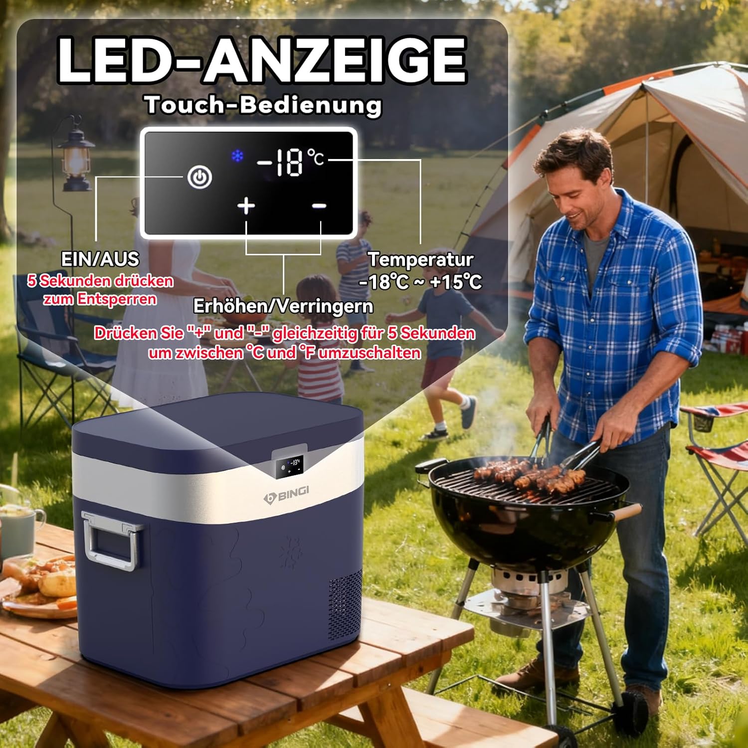 BINGI Kompressor Kühlbox 22L Mini Tragbarer Elektrischer Kühlschrank 12/24V DC Elektrischer Gefrierschrank Tragbarer Gefrierschrank für Auto LKW Picknick Camping und Heimgebrauch