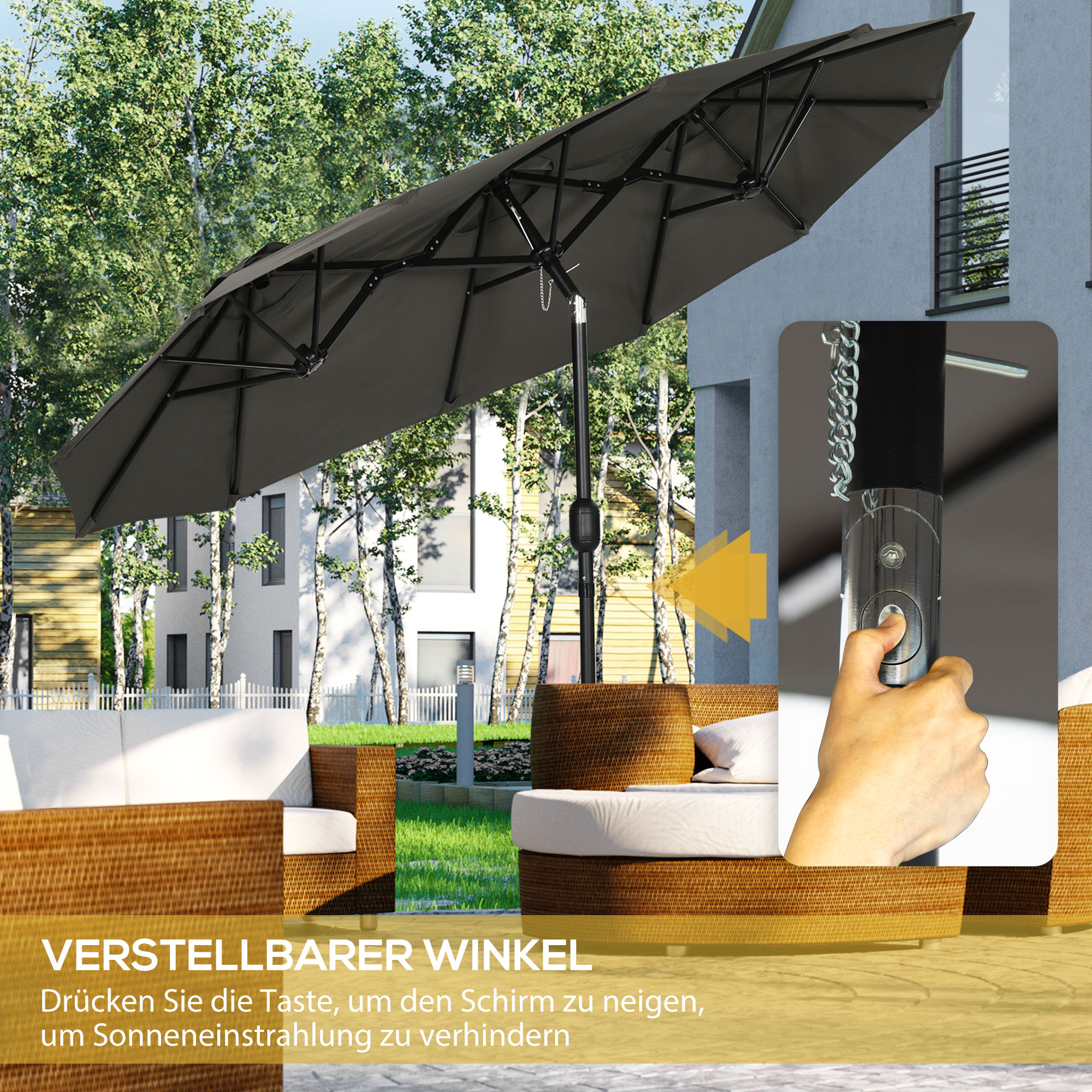 Outsunny parasol, tuinparasol, kantelbaar, met handslinger, winddak, polyester+staal, grijs, 285 x 147 cm