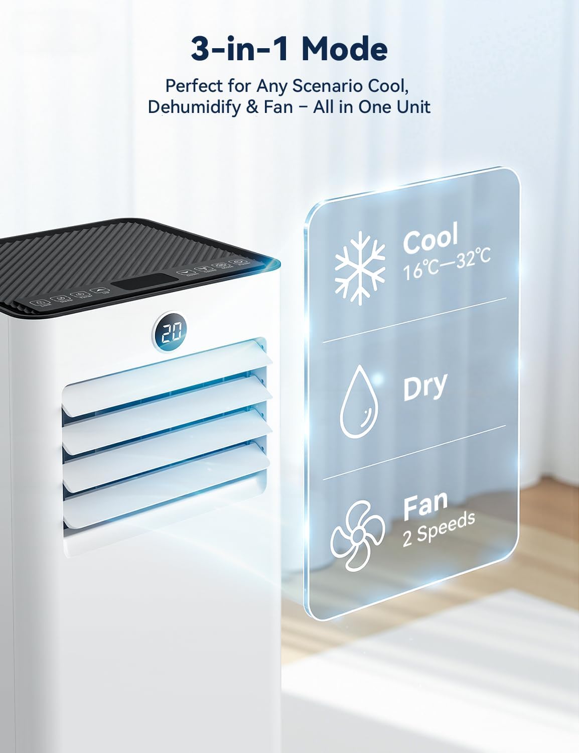 JUMMICO Aire acondicionado portátil de 7000 BTU – 4 funciones: enfría, deshumidifica, ventila, modo noche – Silencioso 45 dB – Mando a distancia + temporizador – Hasta 20 m²