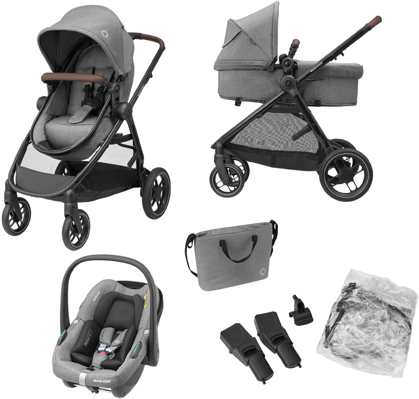 Maxi-Cosi Zelia S Trio Wielofunkcyjny Wózek Dziecięcy 3w1, 0–4 Lata, do 22 kg, Składany, Kompakt i Odchylany Wózek Spacerowy z Fotelik Samochodowy CabrioFix S i-Size i Torbą z Akcesoriami, Szary