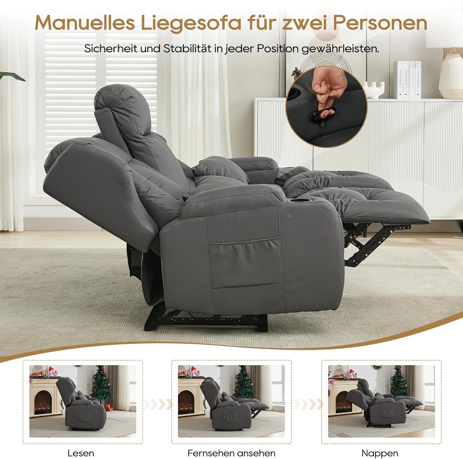 2er Relaxsessel mit Liegefunktion Fußteil, Zweisitzer Fernsehsessel 2 Sitzer TV Sessel mit Konsole, Manuell Verstellbar Doppel Kinosessel bis 360 kg (Klappbare Mittelkonsole, Leathaire Grau)