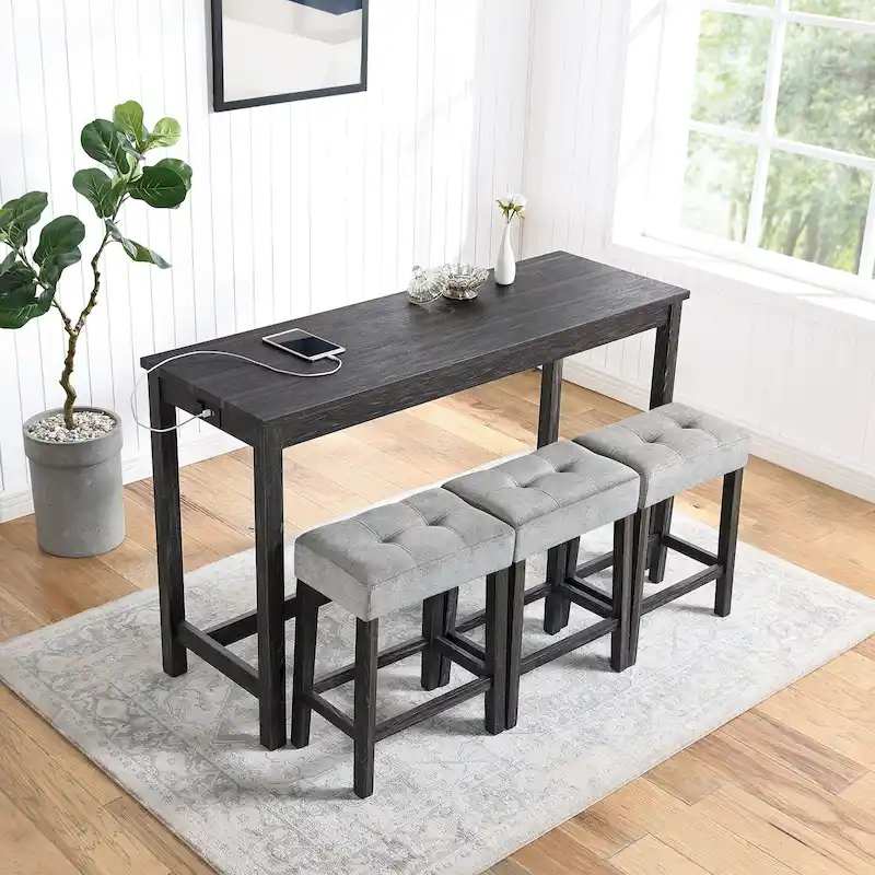 Bar Dining Table Set and 3 Bar Stools with Power Outlet Kitchen Breakfast Nook Wooden Dining Table Chairs Sets