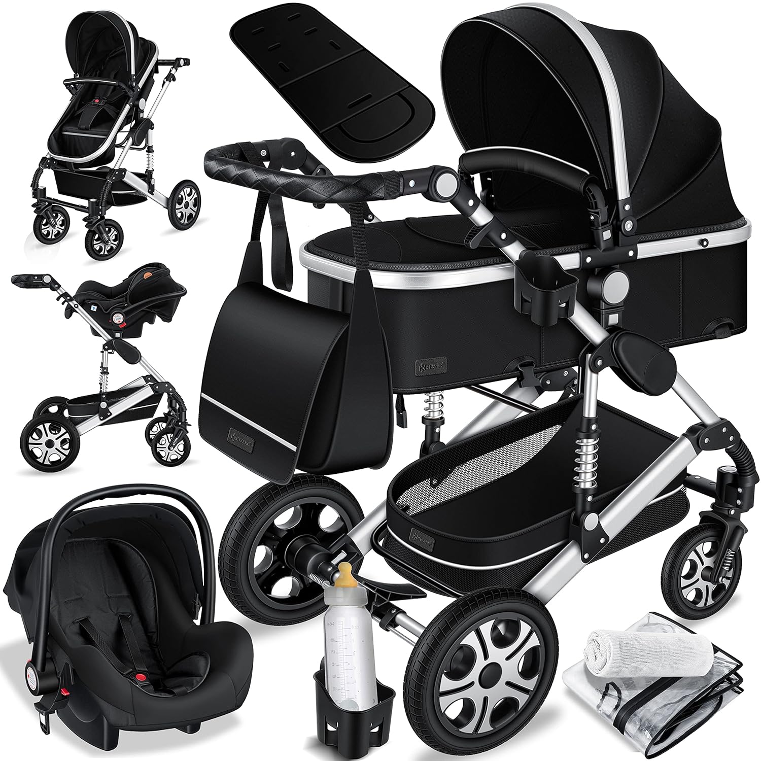 KESSER® Loops 3 in 1 Kinderwagen Kombikinderwagen Komplett-Set inkl. Babywanne & Buggy Sportsitz & Auto-Babyschale Voll-Gummireifen Wickeltasche Regenschutz Kindertisch ECE R129, Schwarz/Champagne