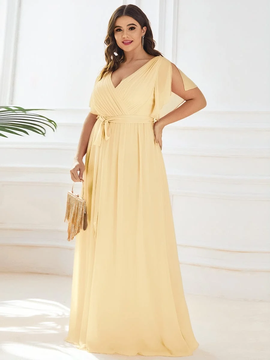 Abendkleid Damen Maxi A-Linie aus Chiffon | Festliches Kleid f��r Hochzeitsg?ste mit V-Ausschnitt und Fl��gel?rmeln