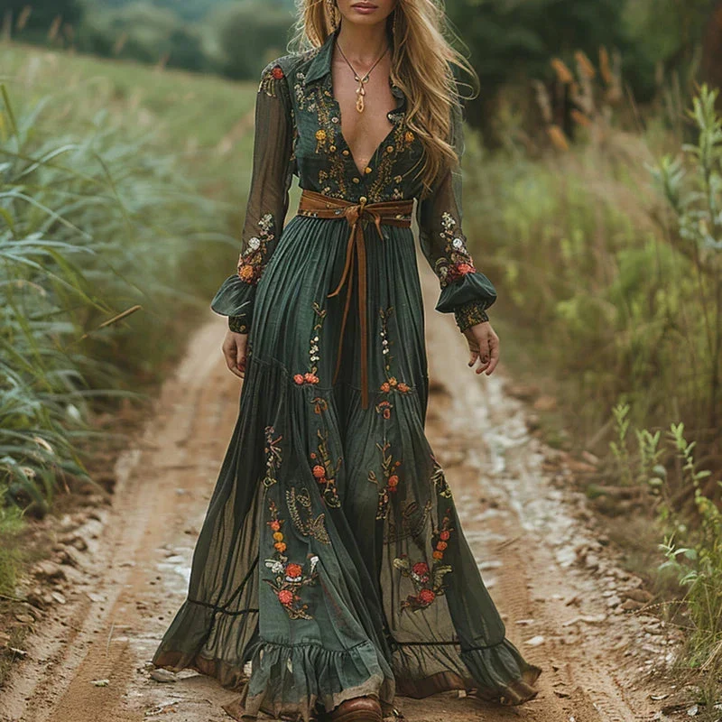 Bohemian-Maxikleid f��r Damen | Bestickter V-Ausschnitt