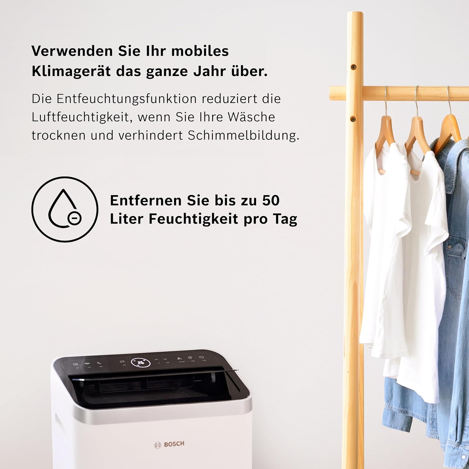 Bosch Cool 4000 Mobiles Klimagerät - 3-in-1: Klimagerät, Luftentfeuchter, Ventilator - 2,6 kW für Räume bis zu 35m² - Mit Auto-Modus, Silent-Modus & Sleep-Modus