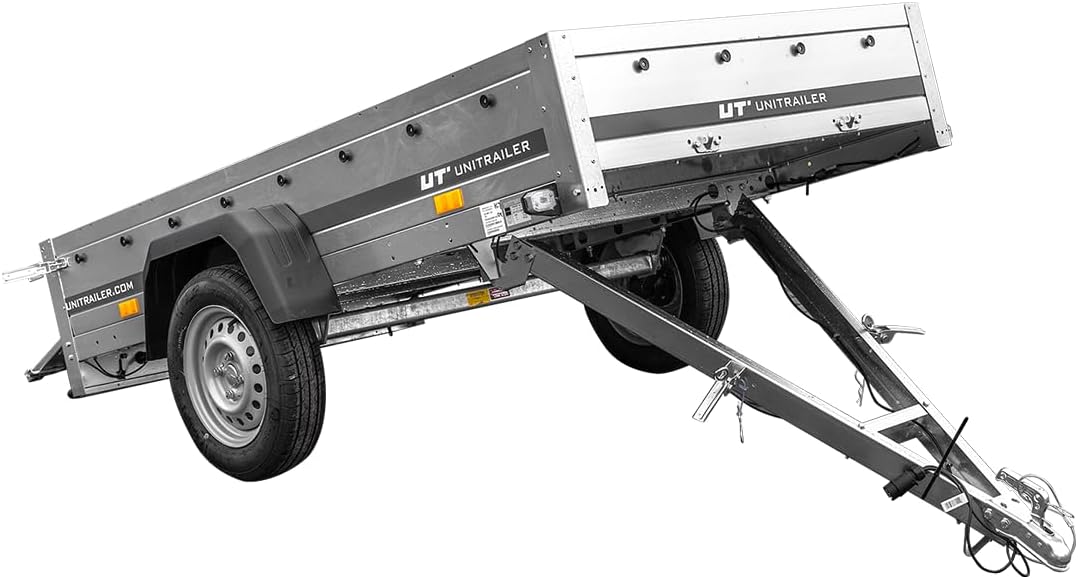 UNITRAILER Auto Anhänger Garden Trailer 230 Kipp – PKW Anhänger 750KG, 230cm x 125cm Transportfläche, Robuste Struktur Aus Verzinktem Stahl, Klappbarer Deichsel