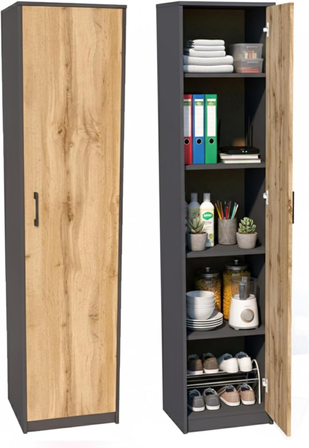 Home Collective Regal mit 5 Ebenen in matt Aktenschrank mit 4 Einlegeböden und 1 Tür, Standregal 39 cm breit mit hochwertigen Polymergriffen ideal für Schlafzimmer Wohnzimmer Flur Büro Graphit Eiche