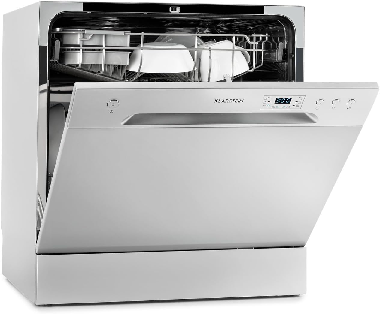 Klarstein  ia 8 - Spülmaschine, Geschirrspüler, Freistehend, Teilintegriert, F, 55 cm breit, 8 Maßgedecke, 6 Programme, Aquastop, silber