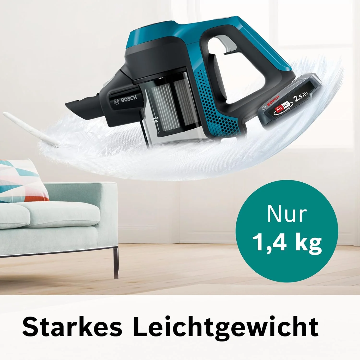 Bosch Draadloze steelstofzuiger Unlimited Serie 6 BKS6111P, draadloos, zakloos, lichtgewicht, hygi?nefilter, hoge zuigkracht, lange gebruiksduur, kierenzuigmond, voor alle vloertypes, blauw