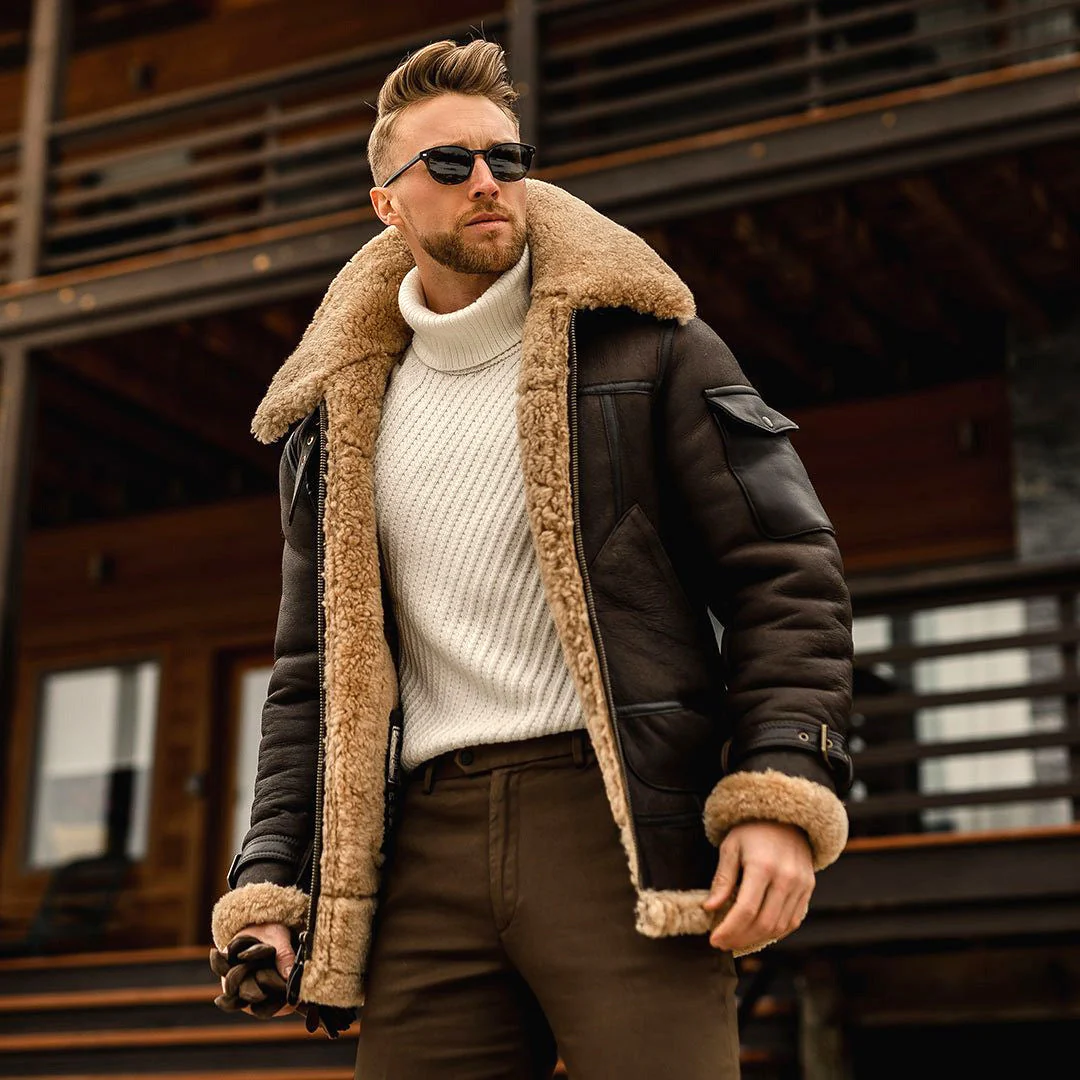 Aviator-Jacke f��r Herren aus Lammfellimitat | Warmer Pilotenmantel aus Kunstleder