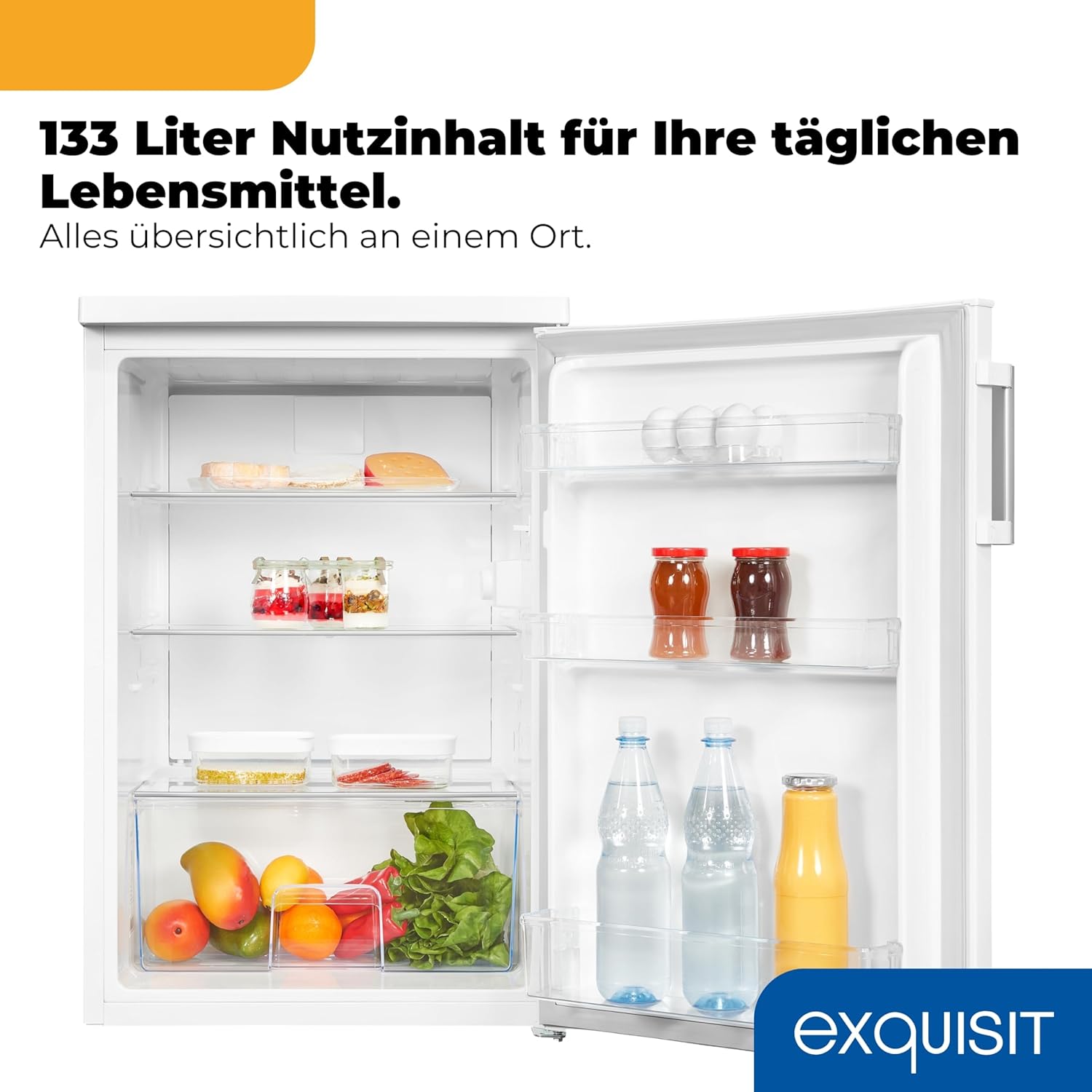 Exquisit Vollraumkühlschrank 133 l Nutzinhalt, Energieklasse E, 40 dB(A) kompakte Bauform, LED-Innenbeleuchtung, manuelle Temperaturregelung, Flaschenfach, Gemüseschublade KS516-V-H-010E weiss