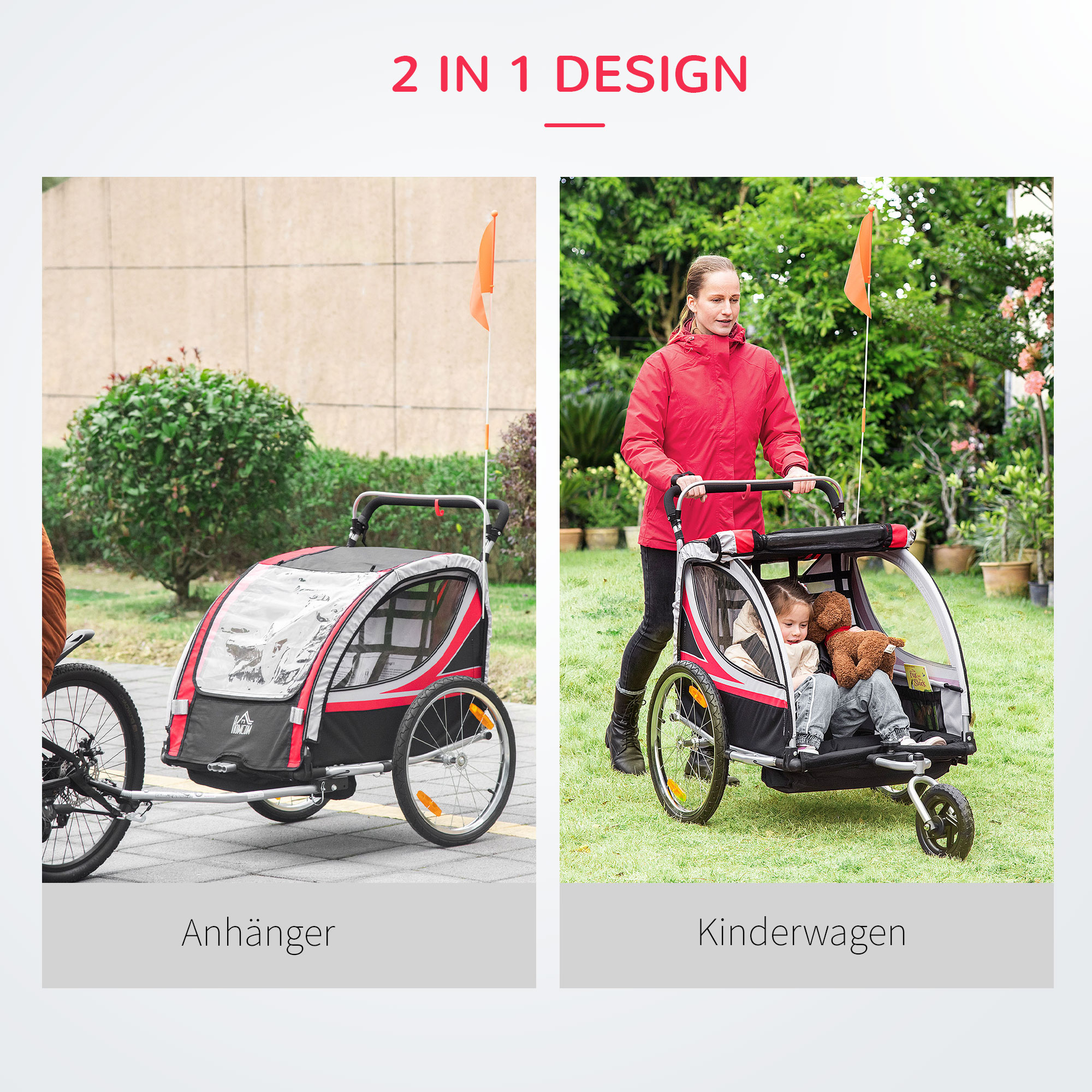 2 in 1 kinderfietskar, kinderkar met vering, rood + zwart